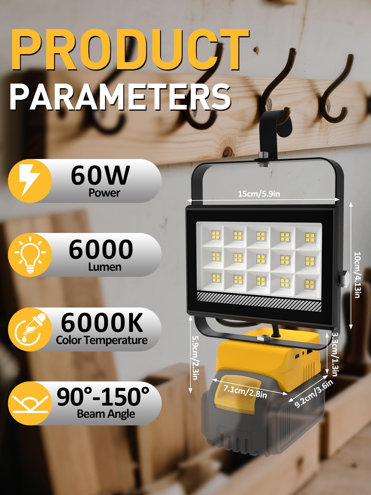 T-SUNiceM LED Work Light for Dewalt 20V Max, 60W 6000LM, Aluminum, Yellow, Model TS-F0430-60-DW