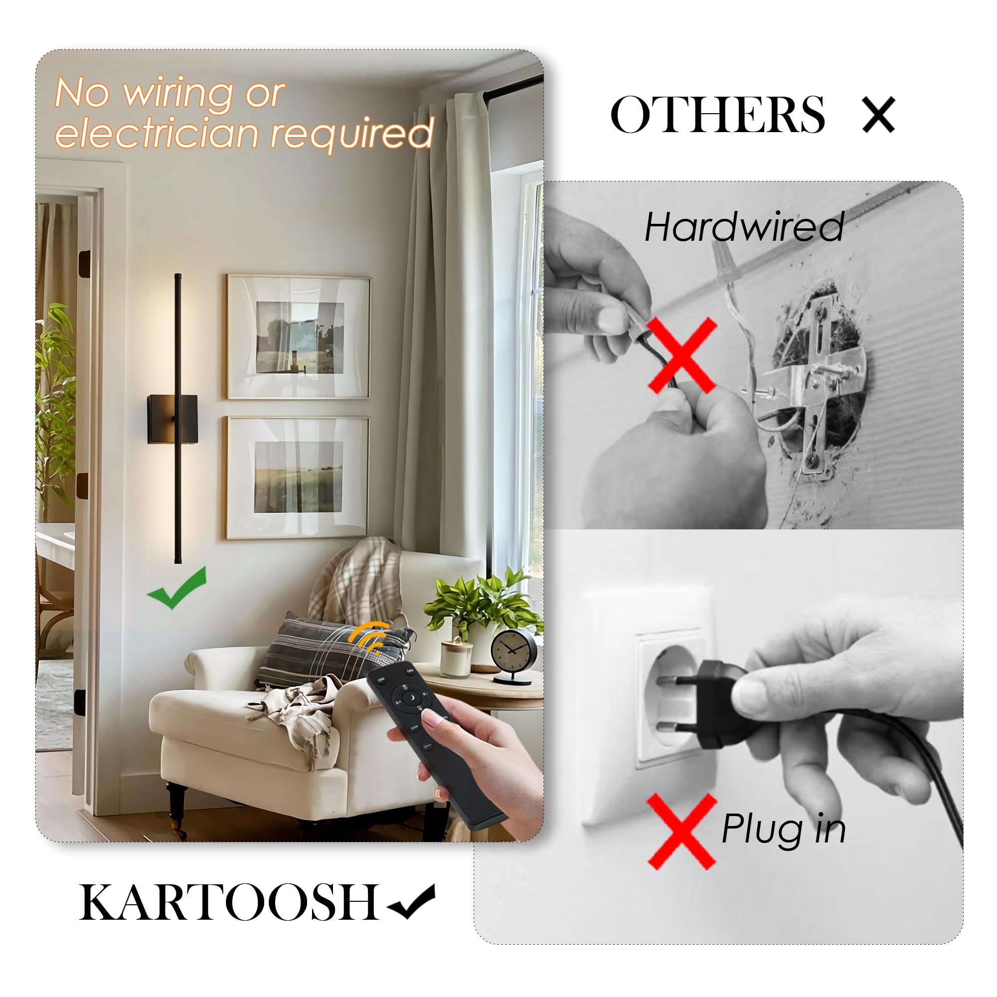 KARTOOSH Wall Sconces, Battery Operated, Remote Control, Dimmable, 32.2 Inch, Black, Model ZM321BBL80, 350° Rotation,