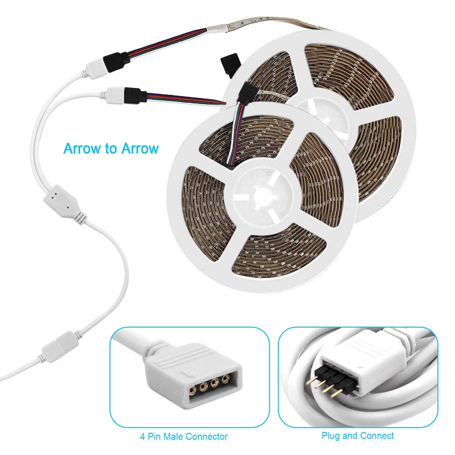 Fntek LED Connector Kit for 5050 RGB 4 Pin, Copper & PBT, 10mm, Includes Splitter & Extension Cables, White