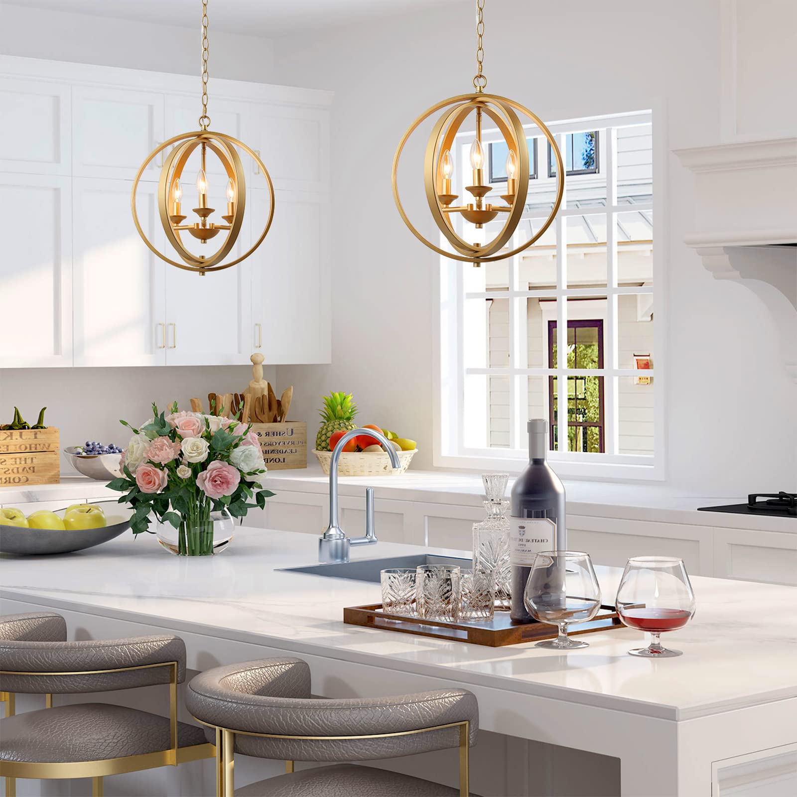 KSANA 3-Light Gold Chandelier Pendant Light Fixture, Modern Orb Design, Soft Gold, 15.5in  L x 18in  H for Kitchen, Dining Room, Entryway