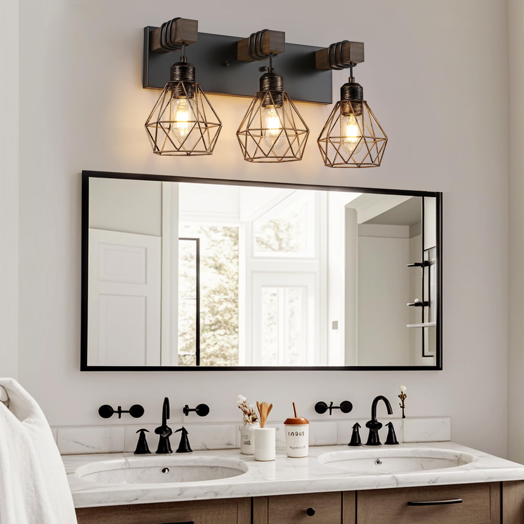 Farmhouse Bathroom Light Fixtures, 3-Light Bathroom Lighting Fixtures Over Mirror, Rustic Wood Black Gold Vanity Lights Wall Sco