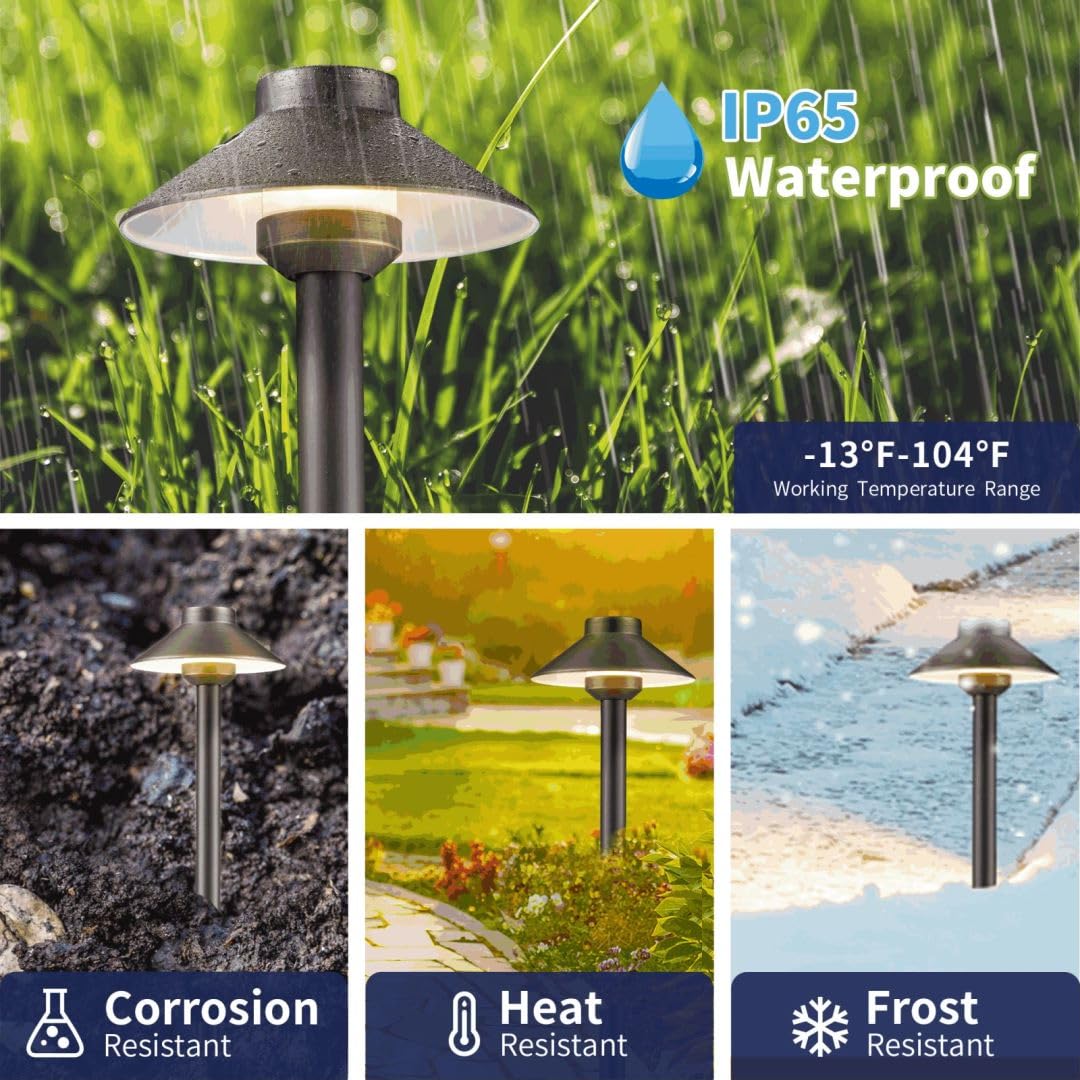 Gardenreet Solid Cast Brass Pathway Light - 12V Landscape Path Lights Outdoor Waterproof, Electric Walkway Fixture Wired, Antique Bronze Garden Decor With 3W 270Lm 5000K Daylight G4 Bulb (12 Pack)