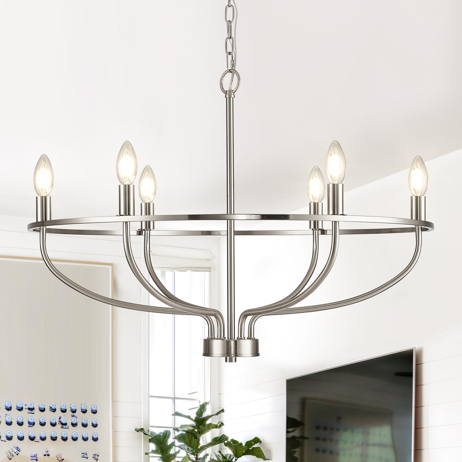 Fookchak Brushed Nickel Chandelier, 6-Light Dining Room Chandelier Chrome Light Fixture Metal Candle Kitchen Chandeliers 28Inch Round Chandeliers With Long Chain For Bedroom Living Room