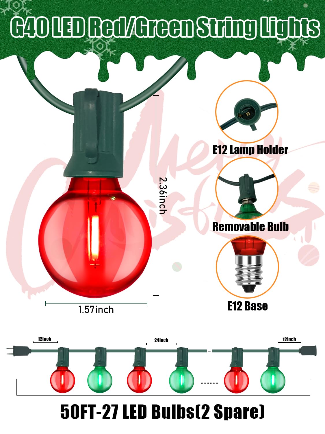 50Ft Vintage Christmas Lights Outdoor, G40 Led Globe Outdoor Christmas Lights With 27 Led Clear Red Green Lights(2 Spare), Round