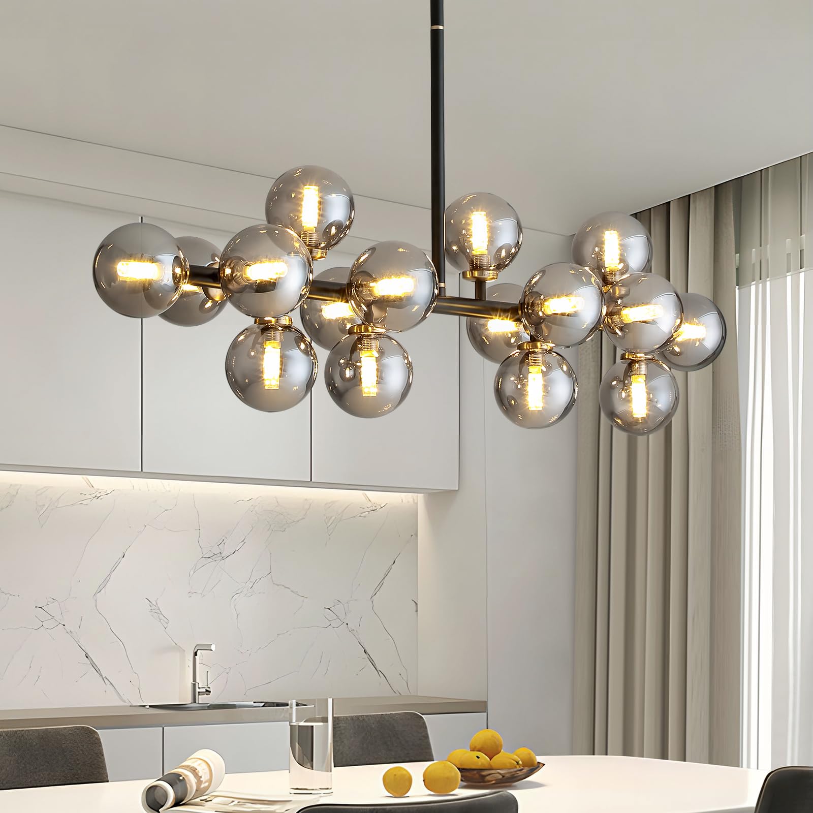 CROSSIO 16 Lights Mid Century Modern Chandelier Black Iron Glass Globe Pendant Light Fixture for Dining Room Kitchen