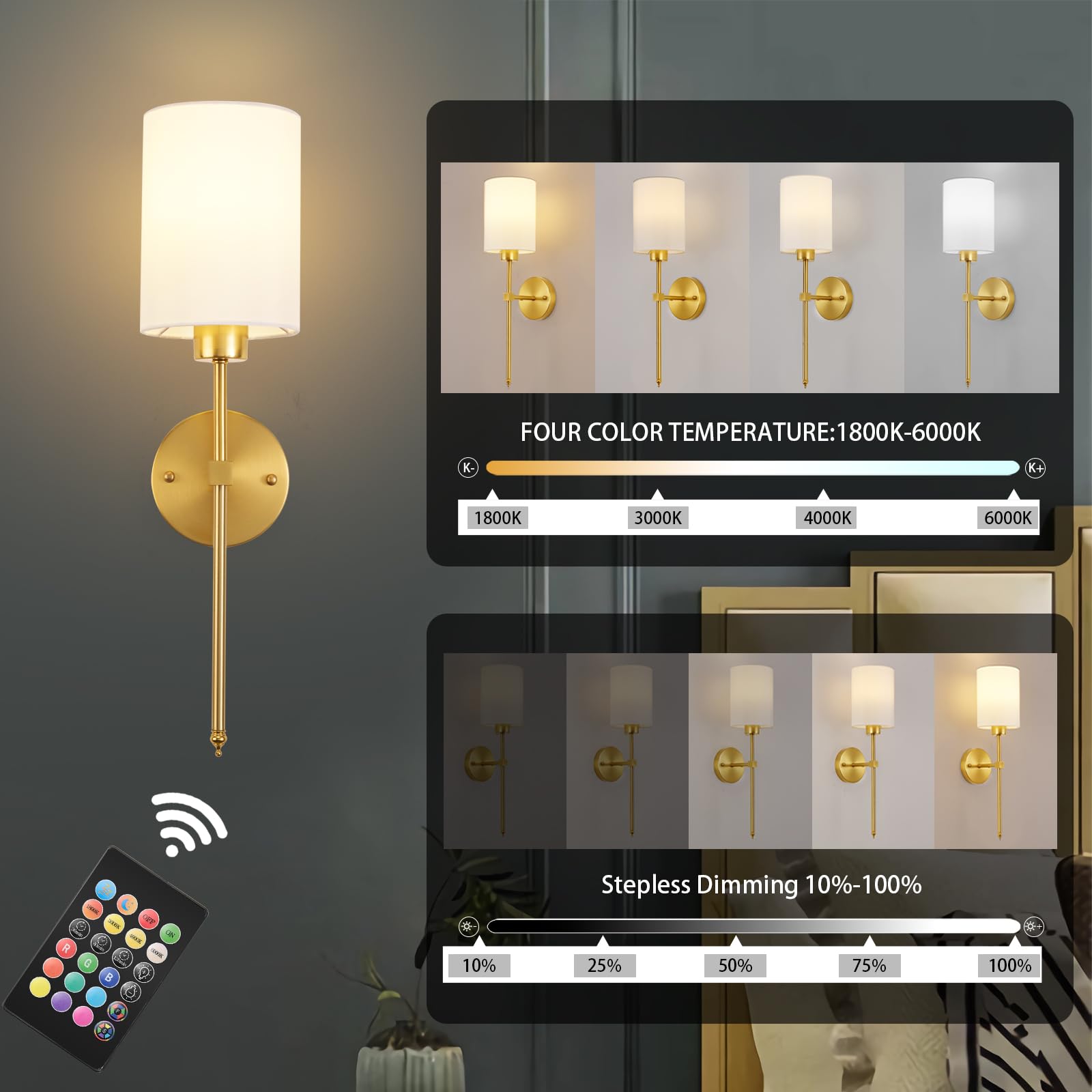 KARTOOSH Battery Operated Wall Sconces Set of Two, Dimmable Amber/White/RGB Light, 20.6 Inch, Brass, Model ZM213B