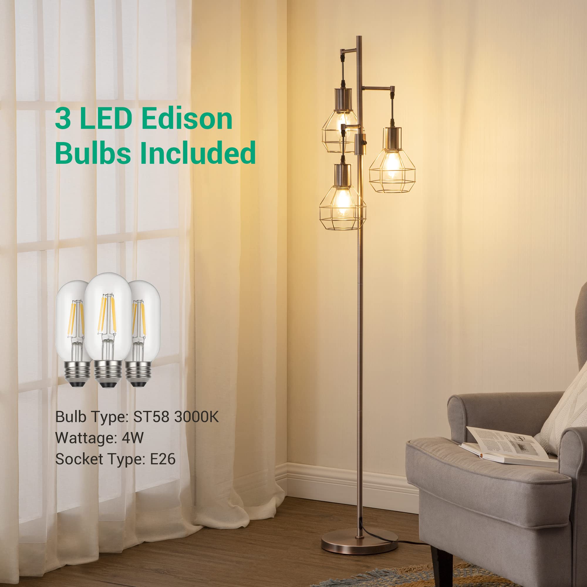Edishine Dimmable Industrial Floor Lamp, Rustic 65In Metal Standing Light, Brown, Includes 3 Led Edison Bulbs, Perfect For Living Room/Bedroom