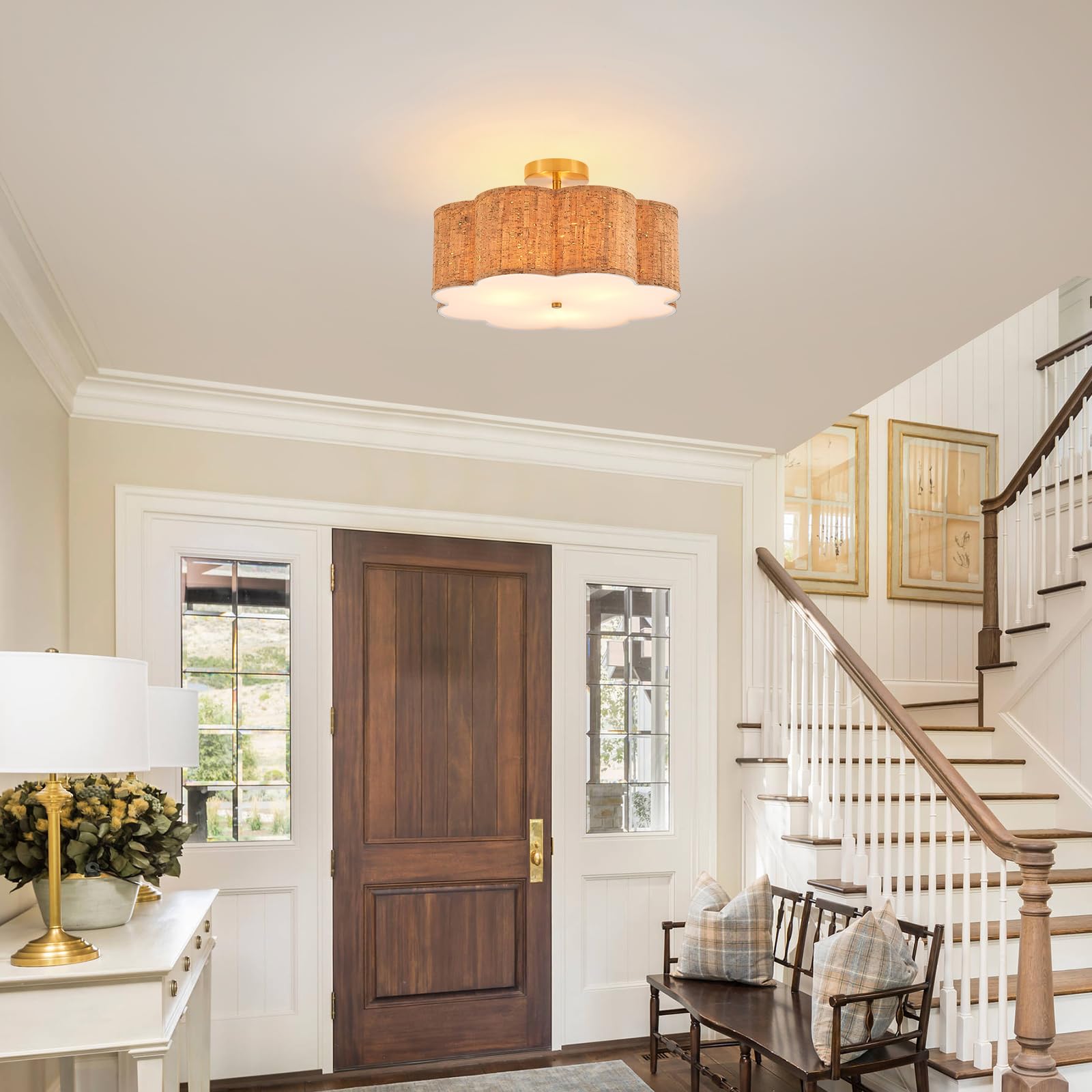 Widluth Modern Semi Flush Mount Ceiling Light Modern Gold Drum Ceiling Lighting Fixture Vintage Linen Golden Ceiling Lamp For La