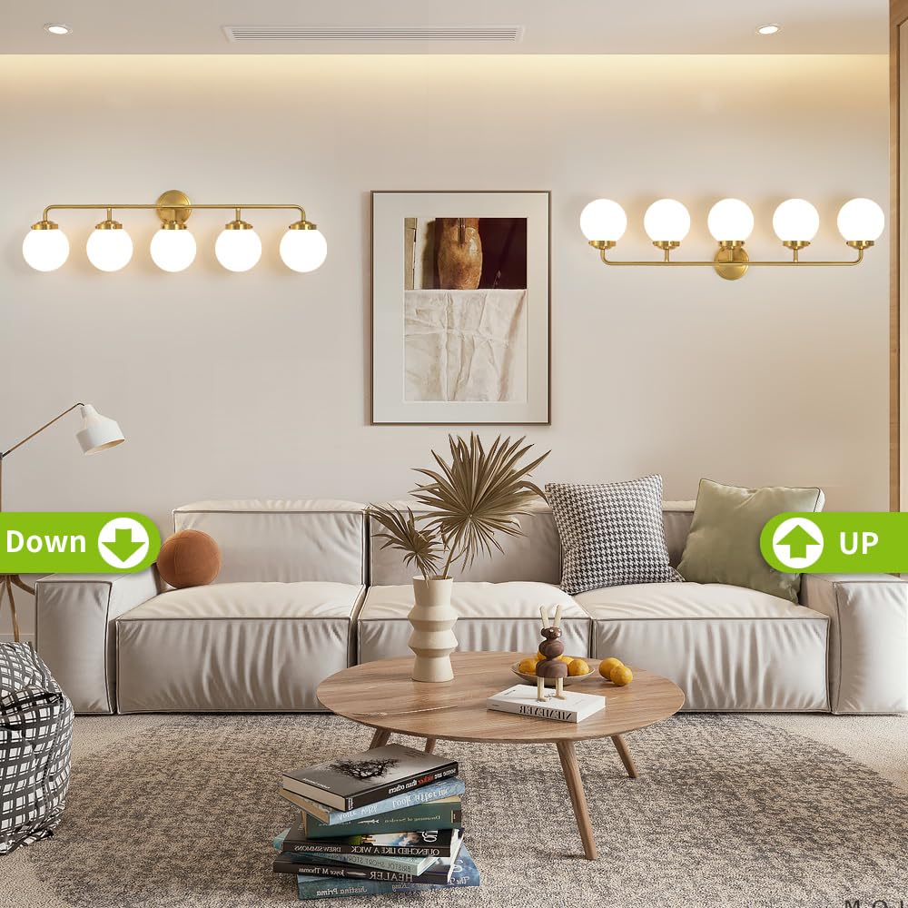 Deyidn Gold Bathroom Light Fixtures 5-Light Wall Sconce with Milk White Glass Globe Shade, Model 1758