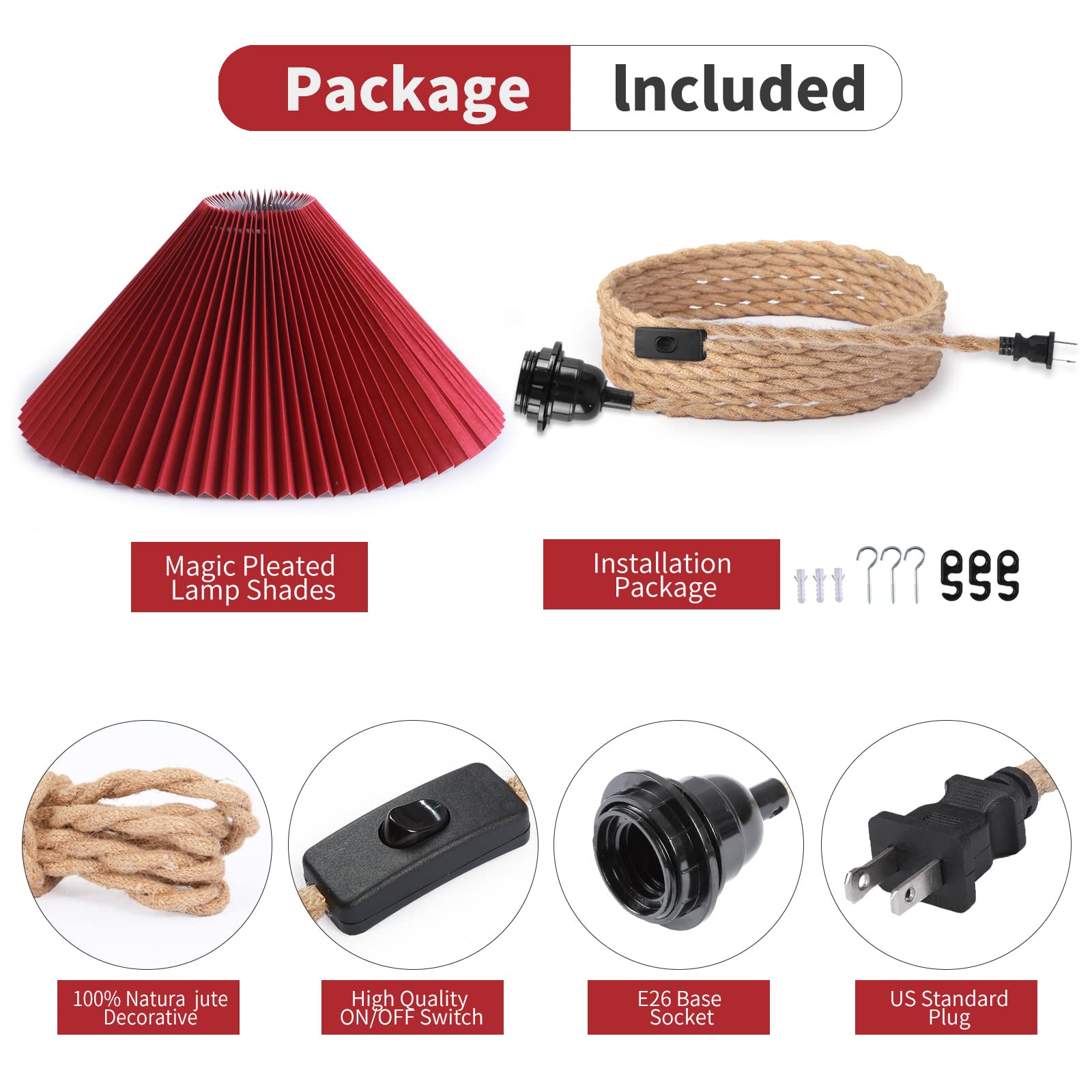 AOMICRON Plug-in Pendant Light, 15ft Hemp Rope Cord, Red Pleated Shade, Large, for Living Room, Bedroom, Kitchen, Dining Room