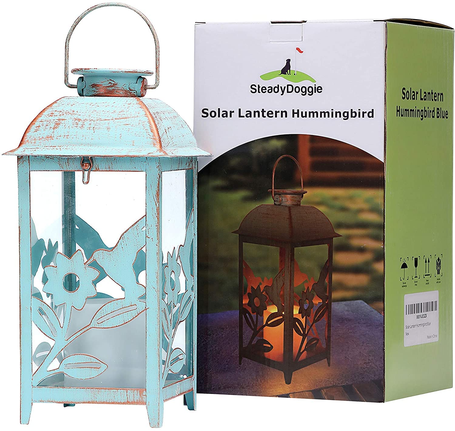 Solar Lantern Outdoor Hummingbird Blue Decor Antique Metal and Glass Construction Mission Solar Garden Lantern Indoor and Outdoo