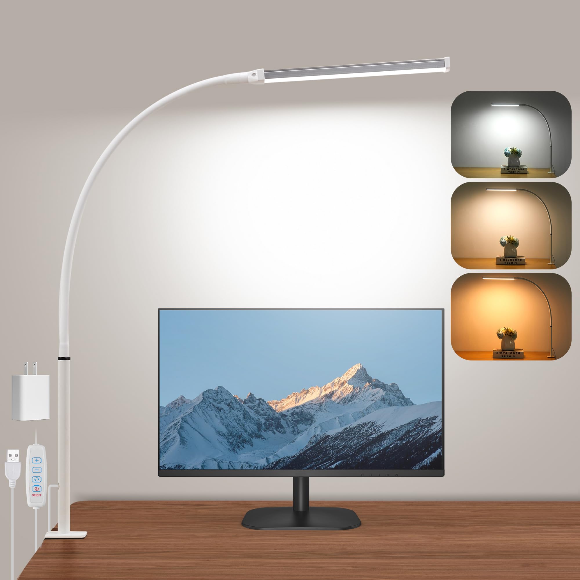 LIBORA Led Desk Lamp, Eye-Caring Clamp Light, 3 Modes, 10 Brightness Levels, Flexible Gooseneck, White, Model 1063292