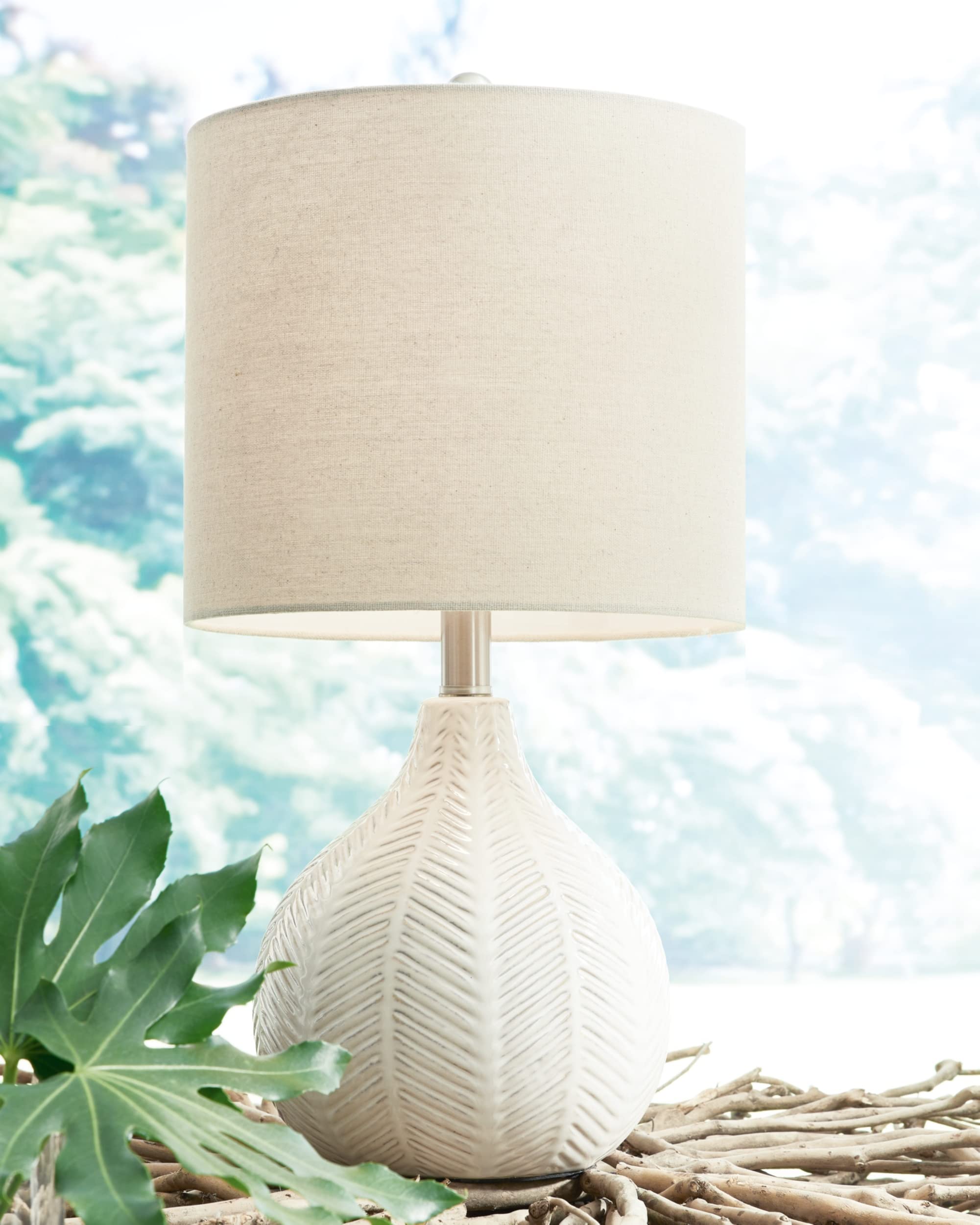 Signature Design by Ashley 20in Herringbone Ceramic Table Lamp, Off White, 11inW x 11inD x 20inH, Model L180024