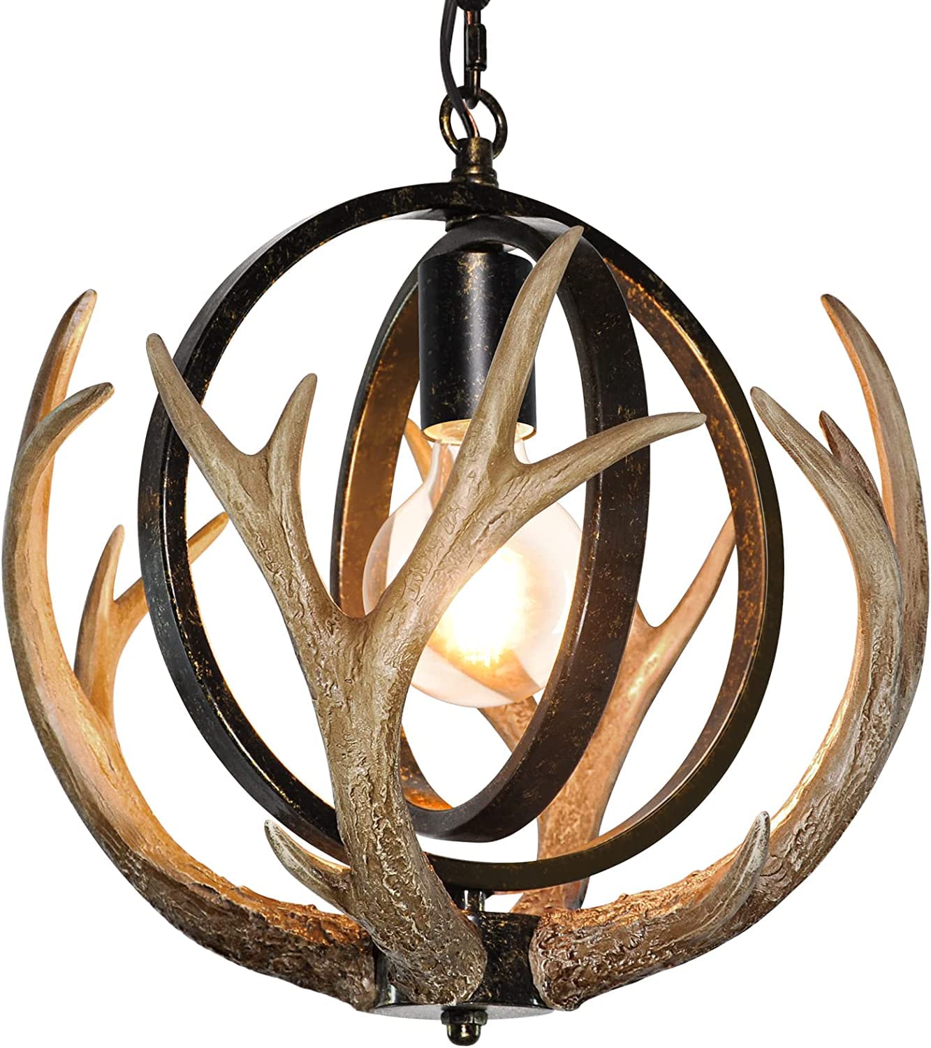 Debemenes Rustic Antler Chandelier, 14" Farmhouse Chandelier With Resin 4 Antlers And Retro Metal Globe Chandelier Vintage Style For Dining Room, Kitchen, Hallway, Pendant Lights