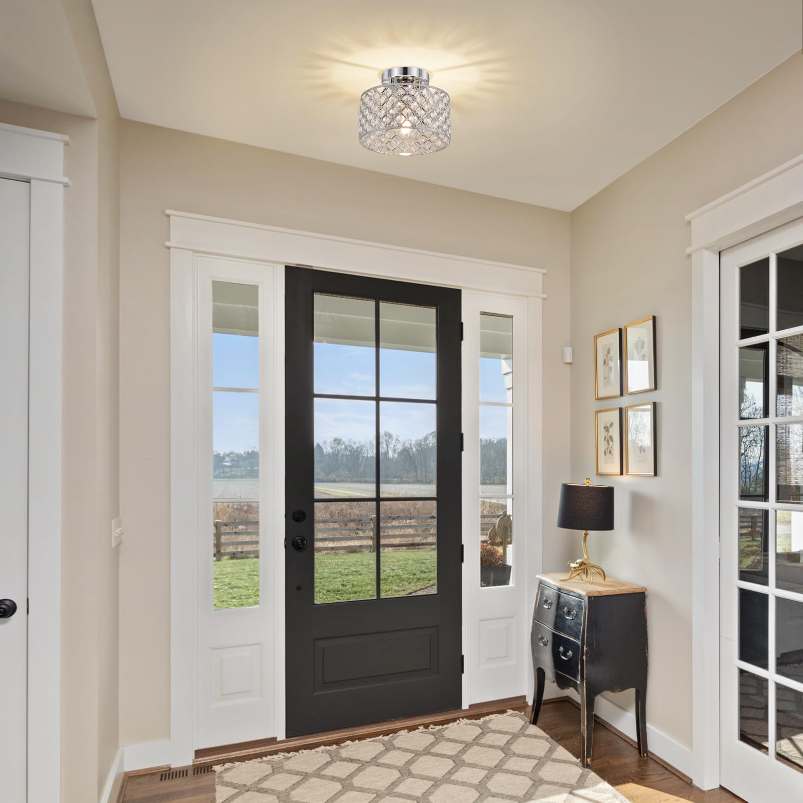 Chrome Crystal Ceiling Light Fixture Modern Semi Flush Mount Ceiling Lighting Fixture Round Small Chandelier For Hallway  Entryway  Laundry Room  Kitchen  Bedroom  Foyer  Bathroom  1 Light  9 Inch