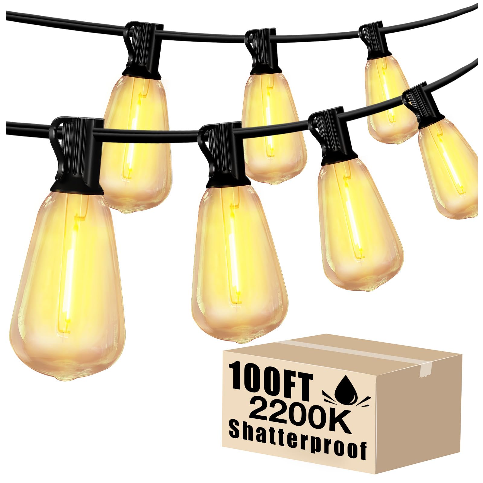 DAYBETTER Outdoor String Lights Waterproof LED Edison Outside Lights, 2200K 34 Shatterproof ST38 Bulbs, Hanging Umbrella Lite fo