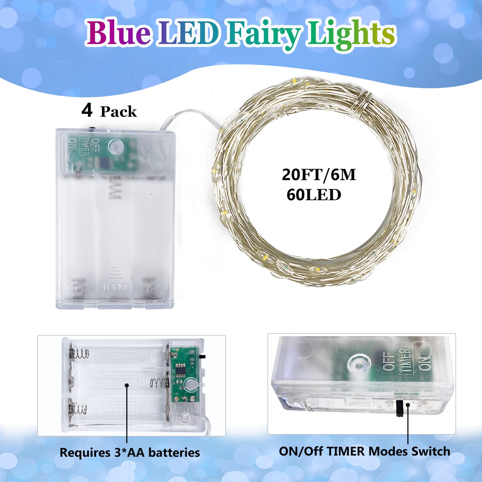 4 Pack 20Ft 60Led Battery Operated Fairy Lights With Timer, Waterproof Battery String Lights Outdoor Indoor, Battery Twinkle Lig