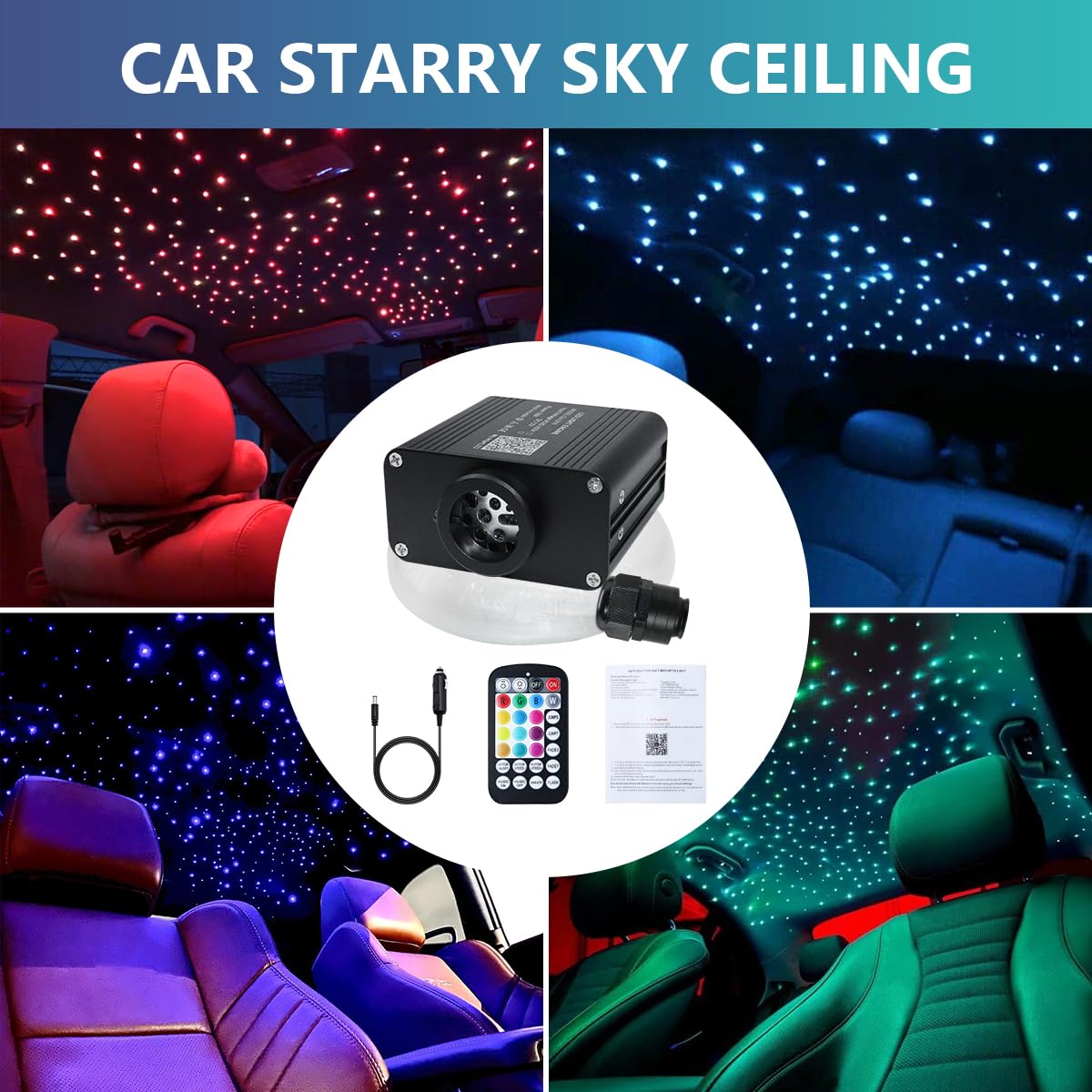 Car Starlights Headliner Kit, Twinkle & Sound Activate Rgbw 16W Fiber Optic Lights With Bluetooth App & Remote Control, 200 Pcs*