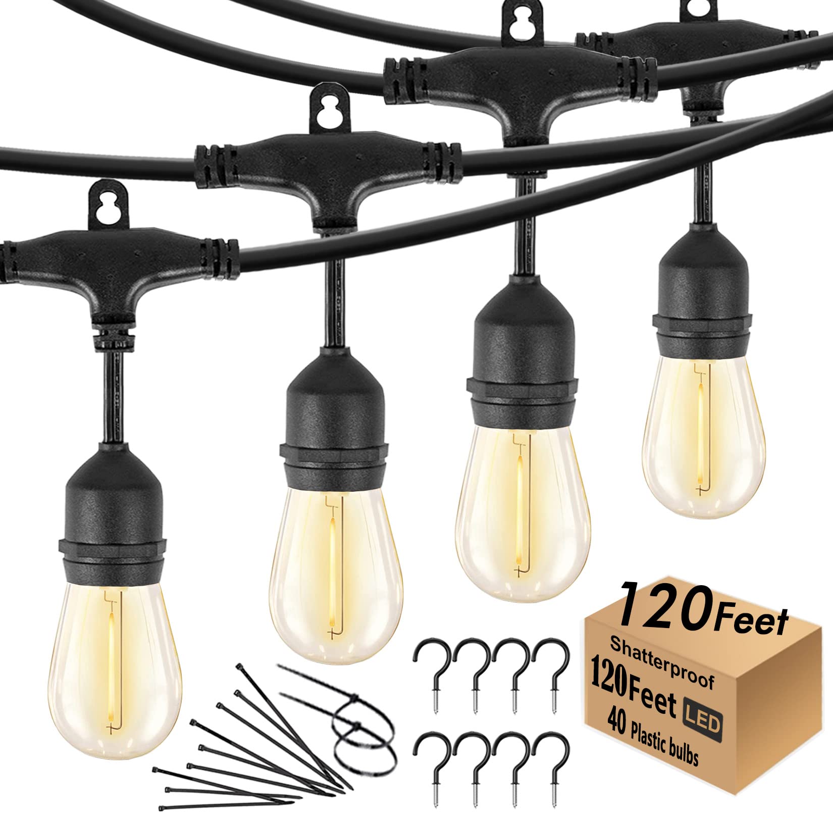 Skeerei 120 Ft Outdoor String Lights Led Waterproof Patio Lights With 40 Shatterproof Plastic Warm Edison Bulbs String Bistro Lights For Gazebo Pergola Market Lights, Black