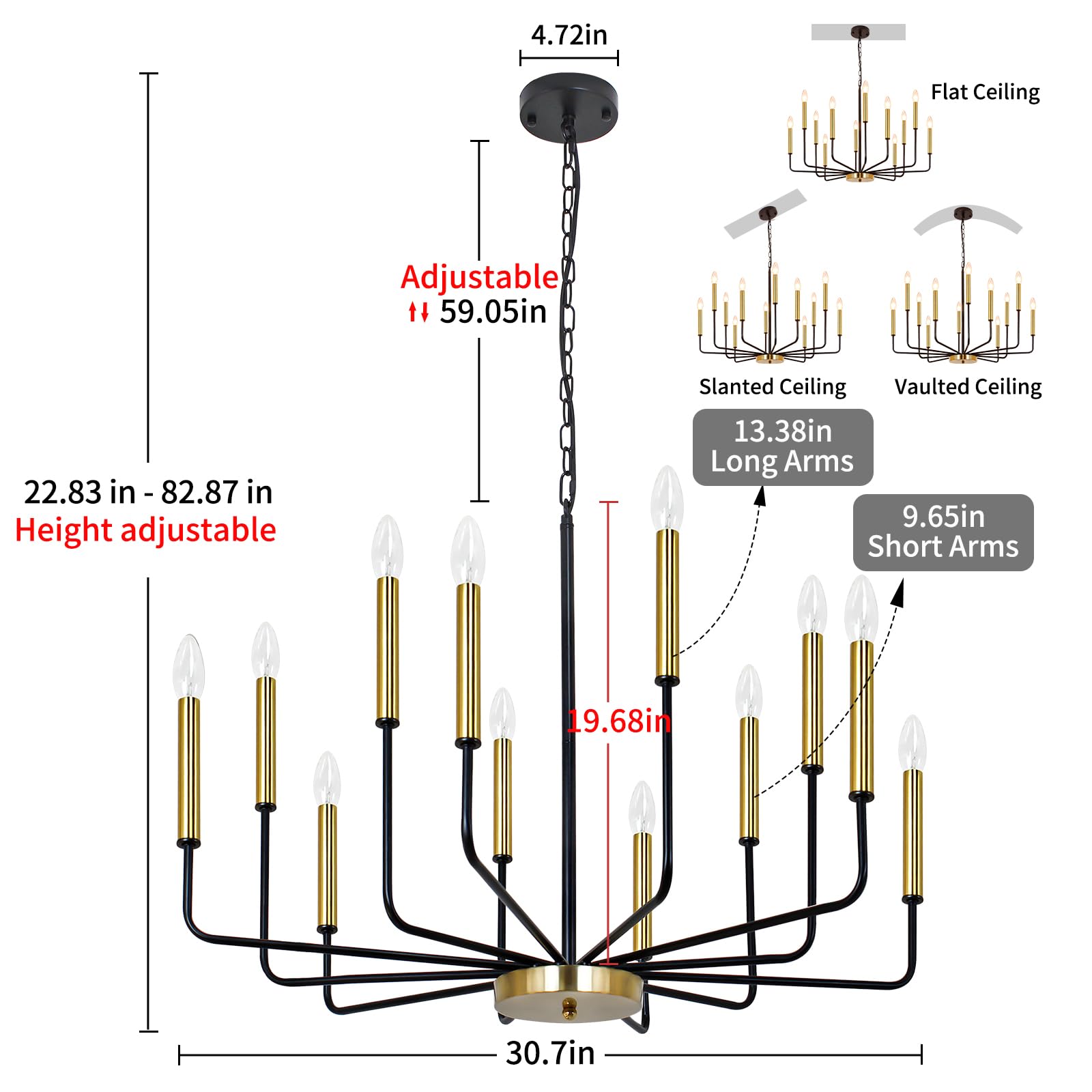 Rviezza Black And Gold Chandelier For Dining Room, 12-Light Farmhouse Dining Room Light Fixture, Candle Chandelier Light Fixtures, Modern Chandeliers For Living Room Kitchen Foyer Staircase