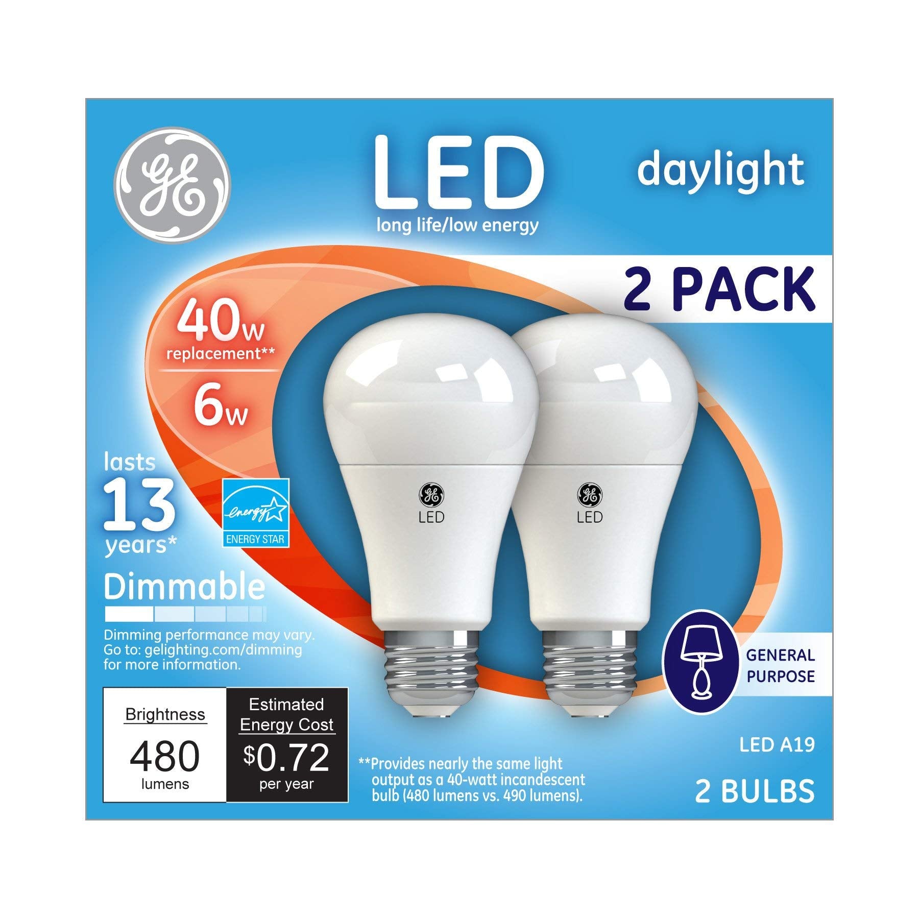 Ge Led Light Bulbs, 40 Watt, Daylight, A19 Bulbs (2 Pack)