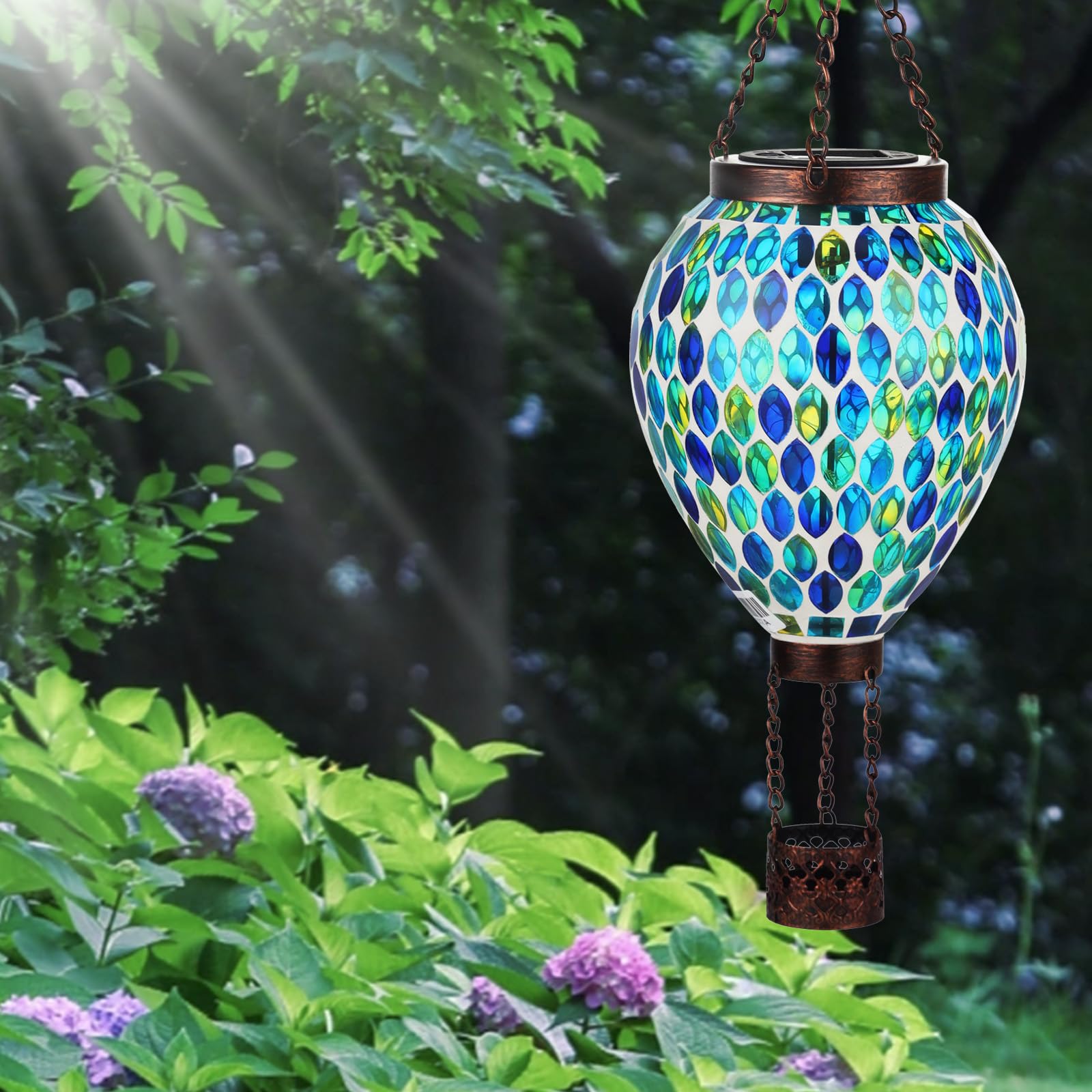 Voreen Hot Air Balloon Solar Lantern  Handmade Mosaic Solar Outdoor Hanging Wind Light  Waterproof  Patio Festive Decor  Gift For Mom Wife Friend  Blue