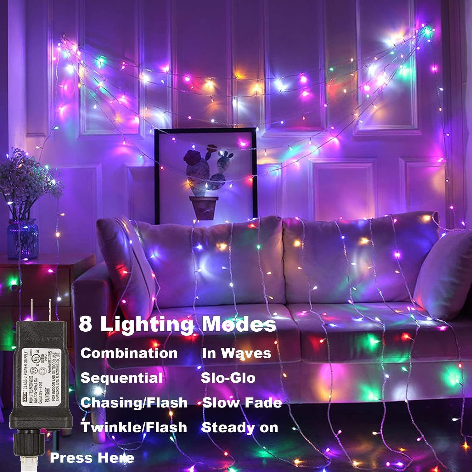 Vtechology Christmas String Lights, 500 Leds Christmas Tree Lights Indoor String Lights 8 Modes Fairy Twinkle Lights Lights Multi Color (Transparent Wire) (170Ft, Multi-Colored)