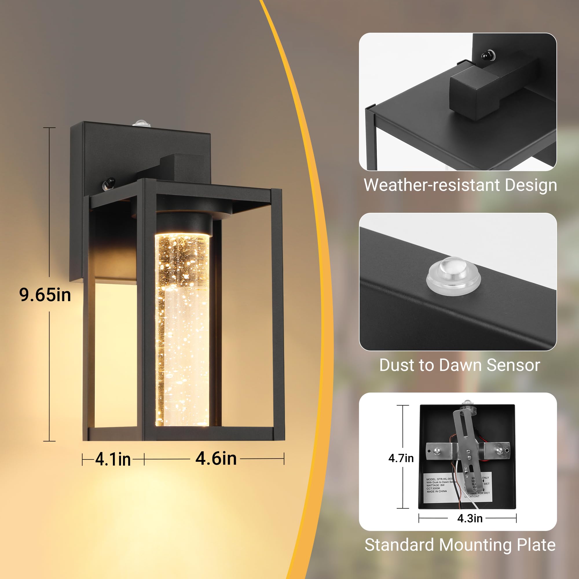 WIHTU Outdoor Wall Lantern Sconce - 2 Pack, Waterproof Black Matte Finish, Dusk to Dawn Crystal Bulb, Tempered Glass Shade
