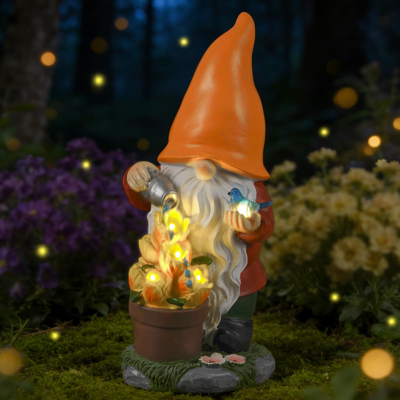 Ayadon Solar Gnome Statue Outdoor Decor for Mothers Day,Gnome Figurines with Flower LED Light for Garden Decorations for Patio 