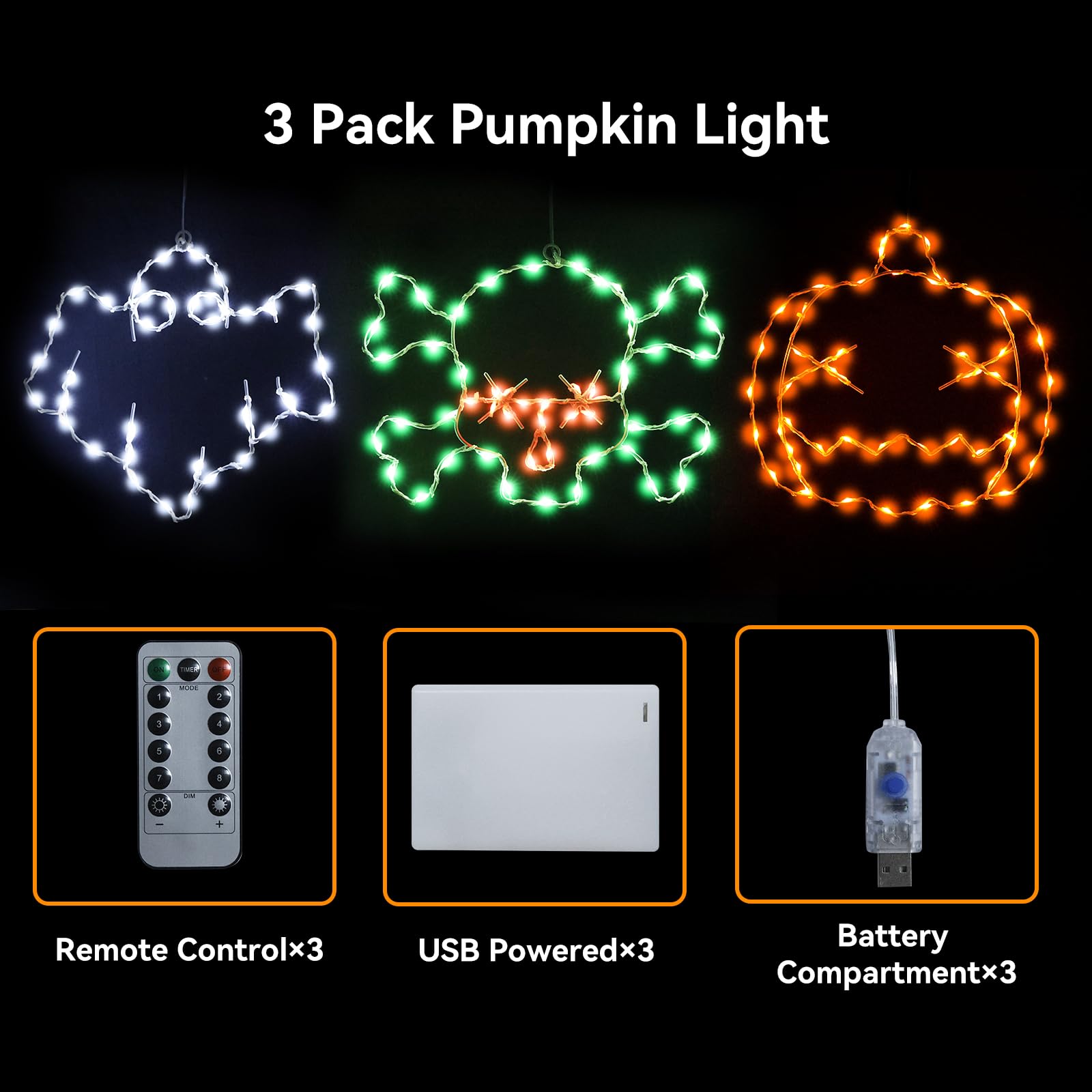Veeydrut Halloween Decorations Lights, 3 Packs, USB/Battery Powered, Remote Control, Multicolor, Skull & Ghost Design
