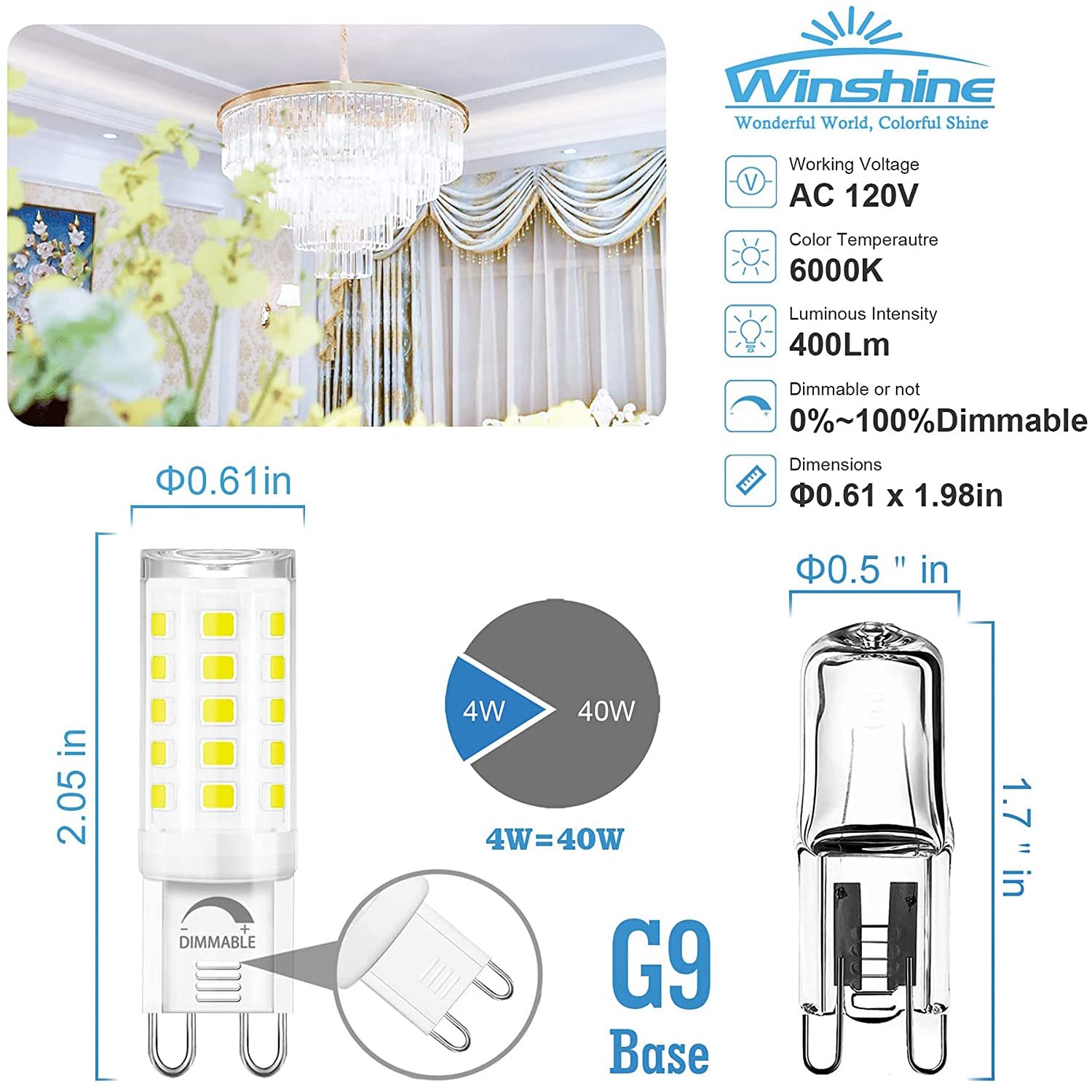 Winshine 10 Pack G9 Led Bulb Dimmable 6000K Daylight 4W, 40Watt G9 Halogen Equivalent G9 Bi Pin Base,T4 Chandelier Lighting No-F