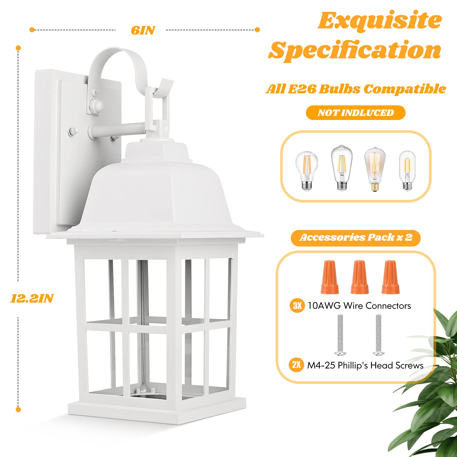 Tobusa 2-Pack Outdoor Wall Lanterns, 100% Aluminium White Outside Light Fixtures, Waterproof &Anti-Rust Exterior Wall Lanterns F