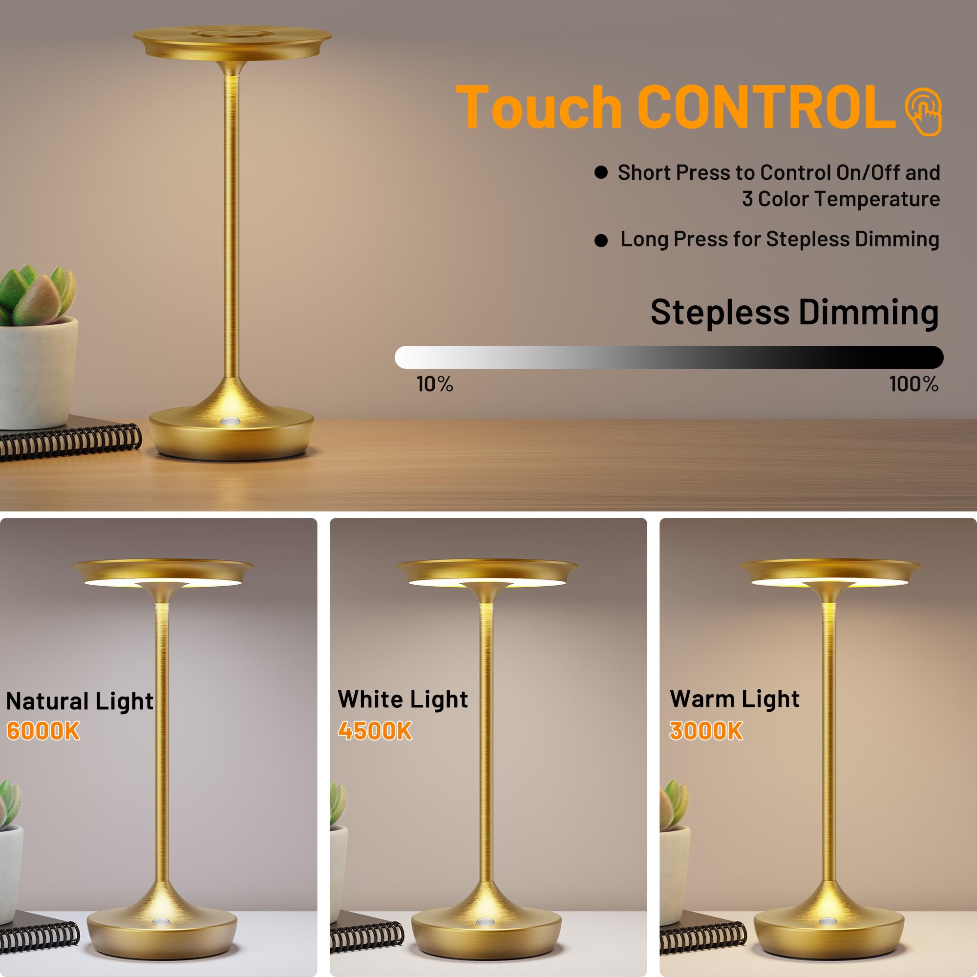 YHT Cordless Rechargeable Table Lamp, 6000mAh Battery, Waterproof, 3 Color Dimming, Gold, Model 825, 1 Pack