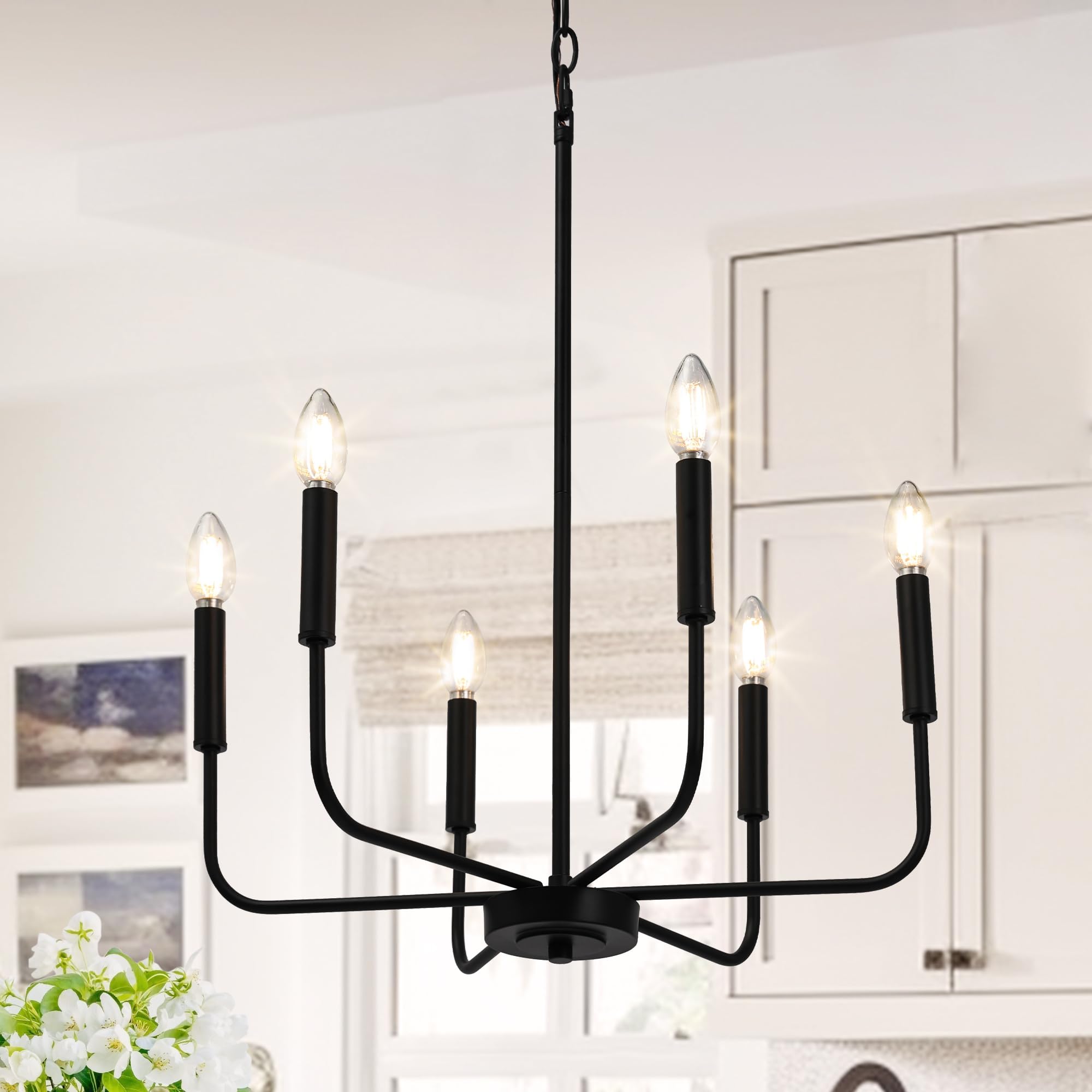 LALUZ Black Chandelier, 6-Light Farmhouse Dining Room Chandelier Over Table, 19.7'' Modern Candlestick Chandeliers Hanging Light