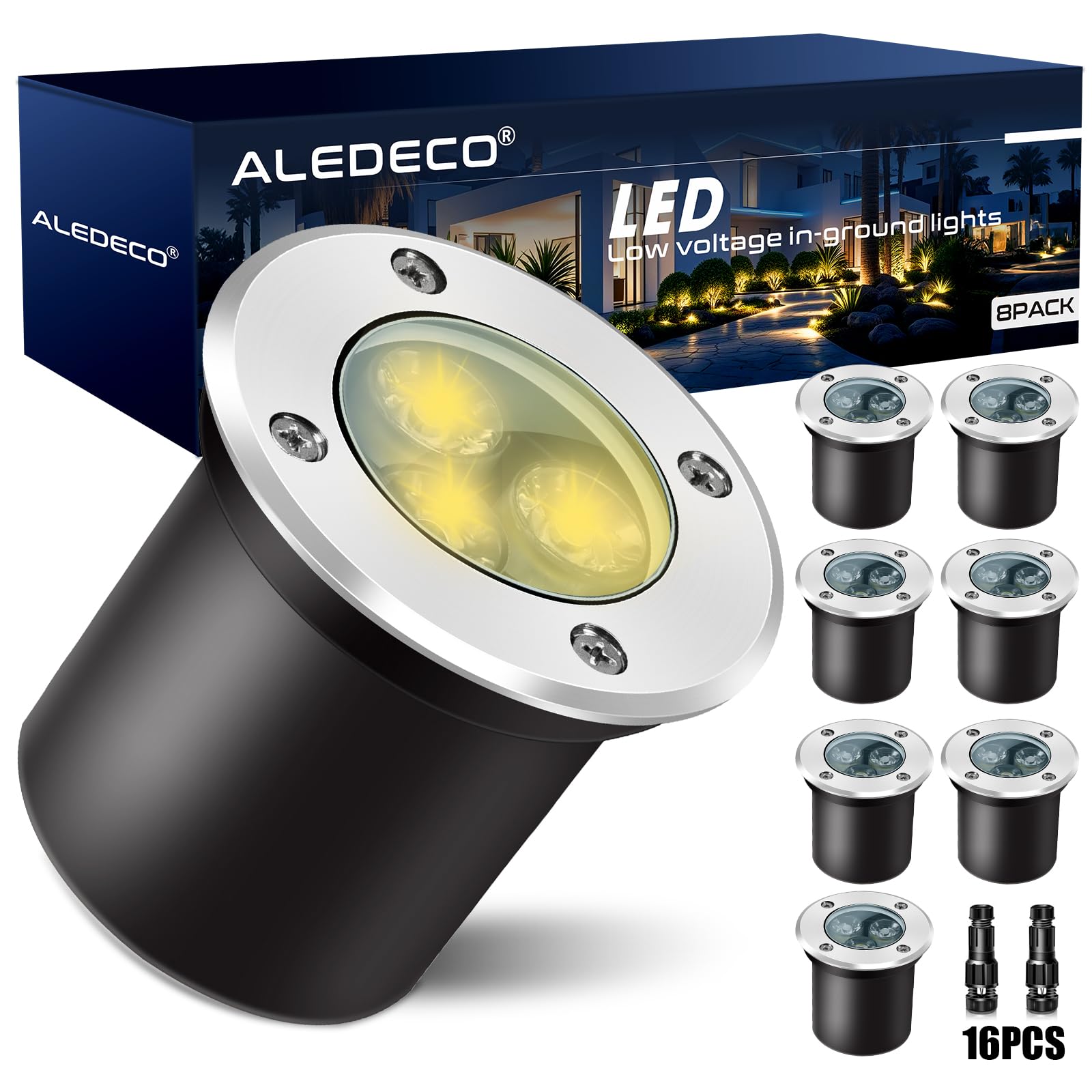 ALEDECO 8Pack Low Voltage Landscape Lights with Connectors 3W LED 12-24V In-Ground Lights IP67 Waterproof Garden Lighting 3000K Outdoor Decorative Lights for Yard Pathway Patio (Warm White)