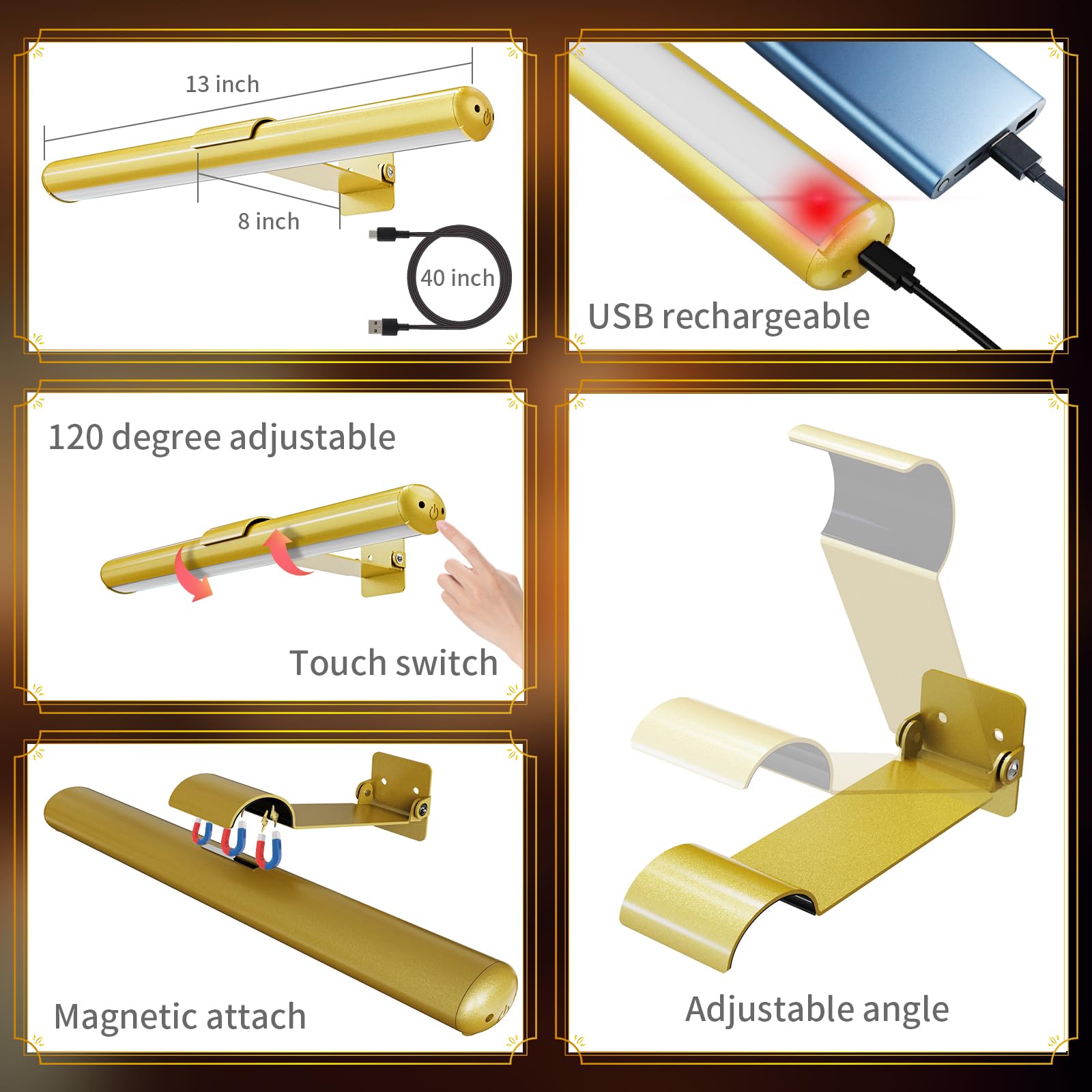 Swatia Wireless Picture Light, 300 Lumens, Adjustable Brightness, 13 inch, Gold, 2 Pack, Model DY-01RC-2