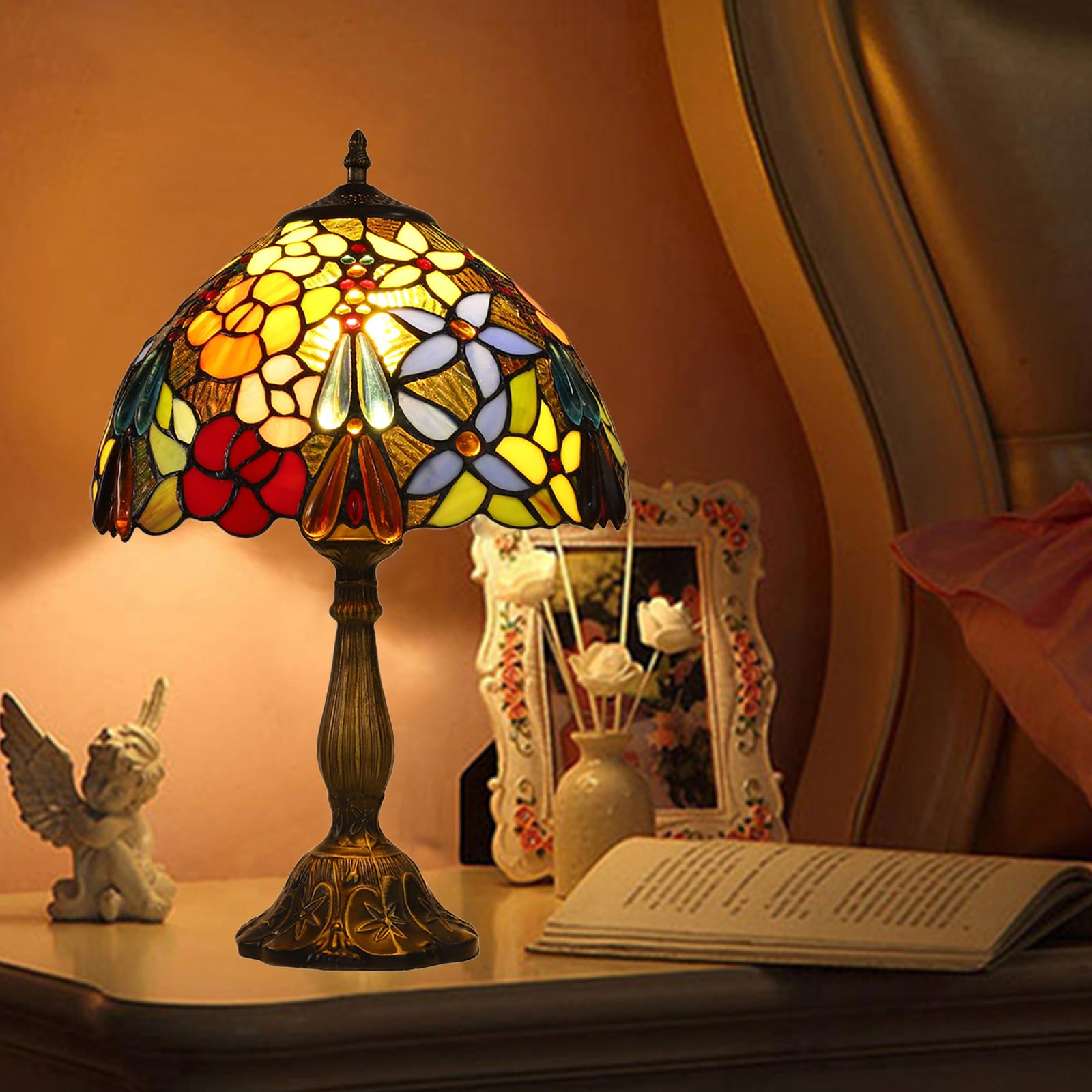 Tiffany Table Lamps For Bedroom Bedside Nightstand 12X1218 Inch Tall Rose Flower Grape Stained Glass Table Lamp For Living Room