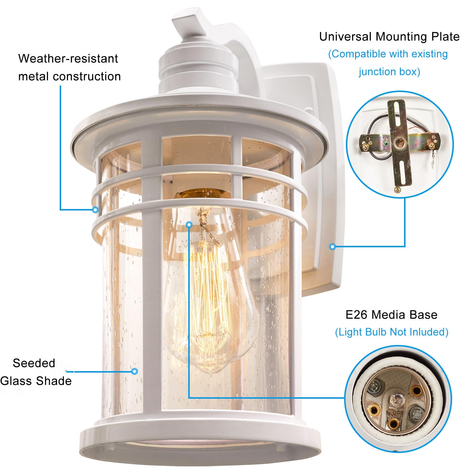 Darkaway Outdoor Porch Lights - Wall Mount Sconces, Waterproof Seeded Glass, Medium Size, White, Model 6X20B WH, 1 Pack