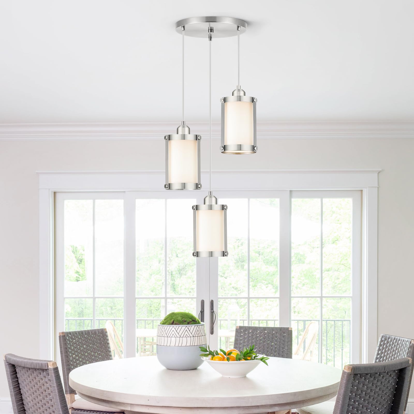 Osimir 3-Light Pendant Lighting, Brushed Nickel Dining Room Chandelier Light Fixture Over Table With Milk Glass, Modern Cluster