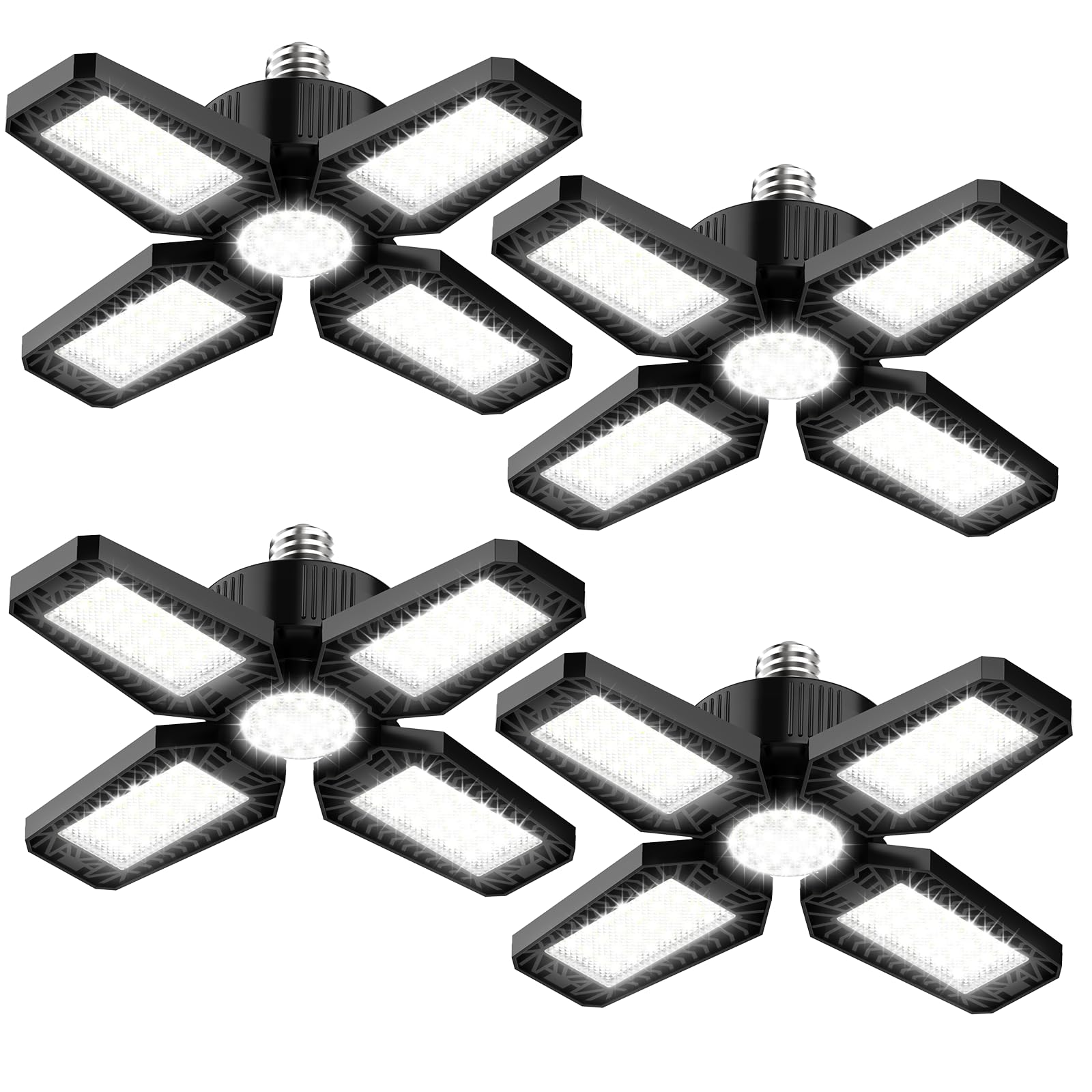 HAPYLUMI LED Garage Lights 4 Pack - 120W 12000LM Garage Lights Ceiling Led 6500K with 4 Deformable Panels, Screw in E26 E27 Bulb