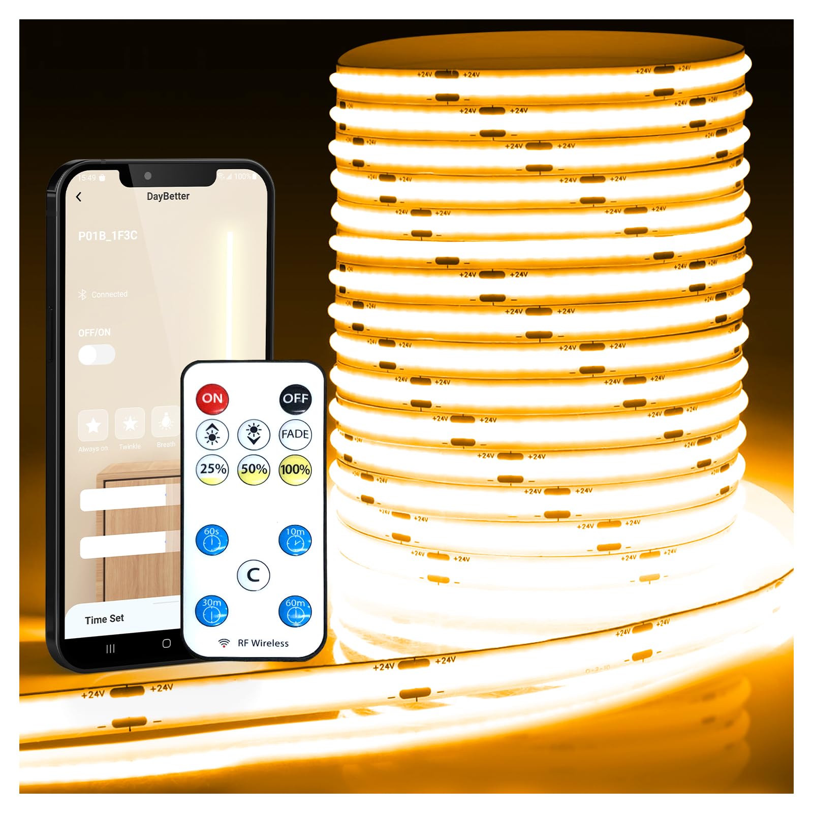 DAYBETTER COB LED Strip Light, Warm White Led Light Strips with Remote and App, 16.4 ft 3000K Dimmable COB Light Strip, Indoor C