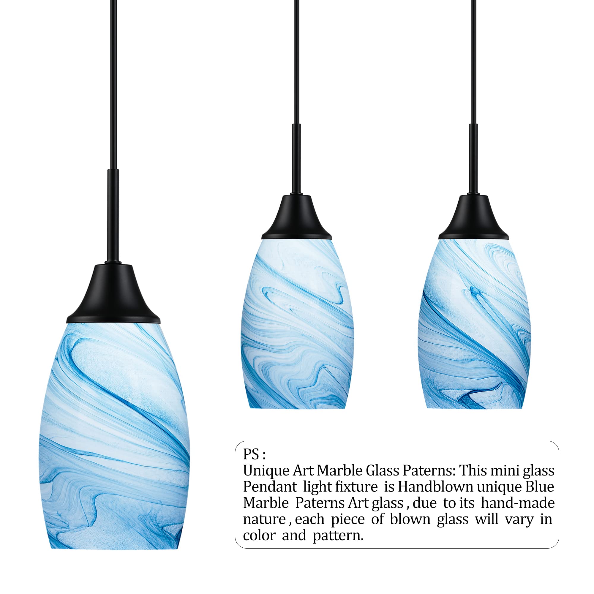 Viinew Mini Glass Pendant Light 1-Pack With Handblown Blue Marble Art Oval Glass Lamp Ceiling Hanging Light,For Dining Room,Kitc