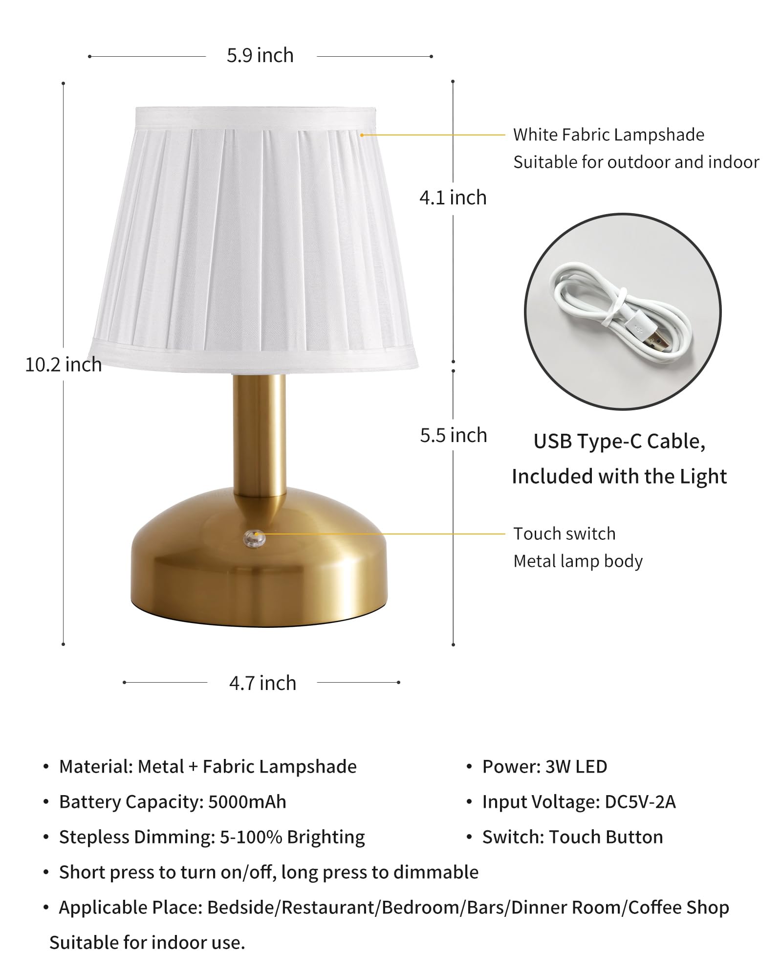 Kdg Modern Cordless Small Table Lamp, Led Fabric Shade, 5000Mah Battery, Gold & White, Model Amz-Tbl-012-Dg