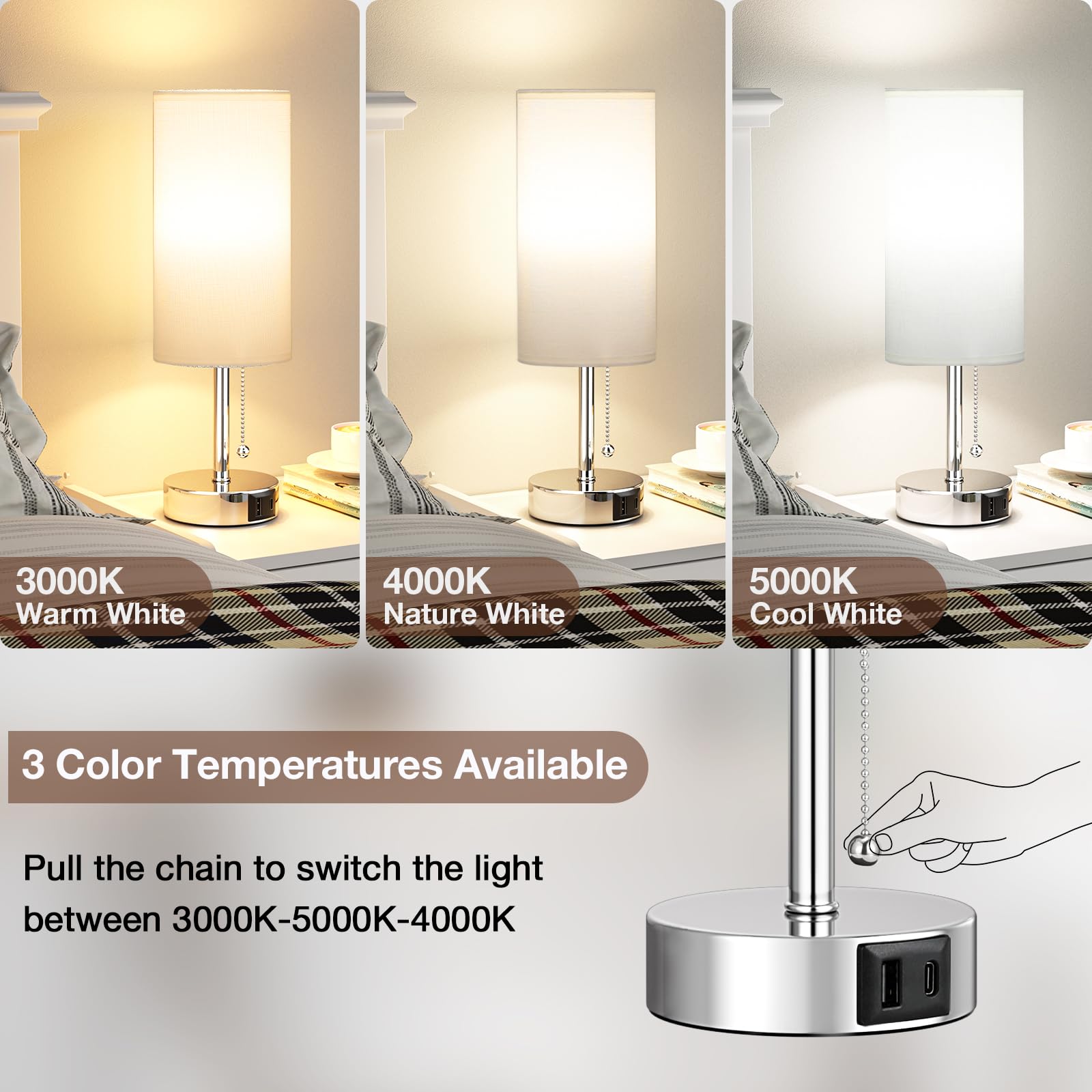 White Bedside Lamps For Bedroom Set Of 2 - Nightstand Lamp With Usb Charging Port, 3 Color Temperatures, Silver Base Night Stand