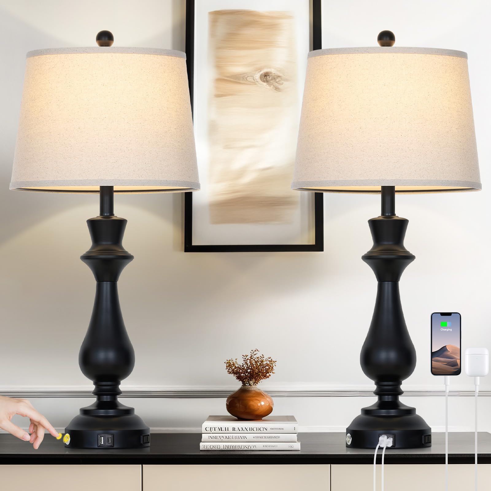 Cinkeda Touch Lamps for Night Stands Set of 2-29.5 Tall Bedside Lamp with USB C+A  3 Way Dimmable Bedroom Lamps  Black Metal Table Lamps for Living Room