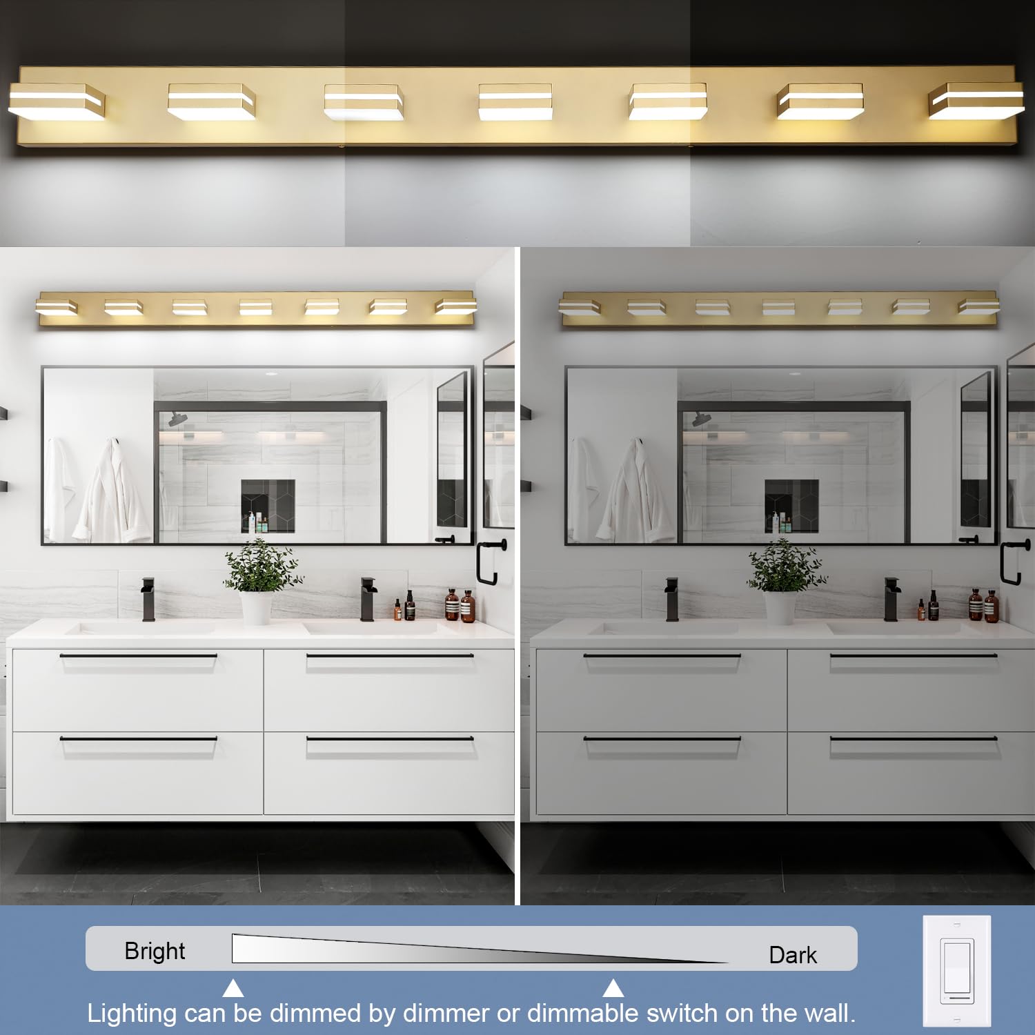 SineRise LED Bathroom Vanity Light Fixture, 7-Light, 55-Inch, Dimmable, Gold, Stainless Steel, Model H0001-53