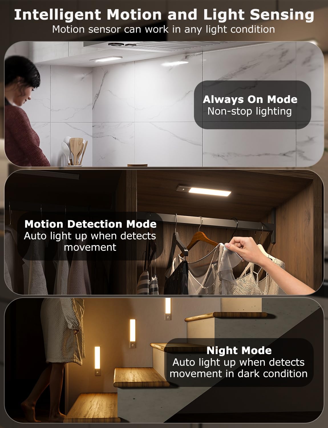 8'' Thin Motion-Activated Under Cabinet Lighting, Aluminum Alloy Under Counter Lights For Kitchen, 3-Color-Temps Magnetic Closet