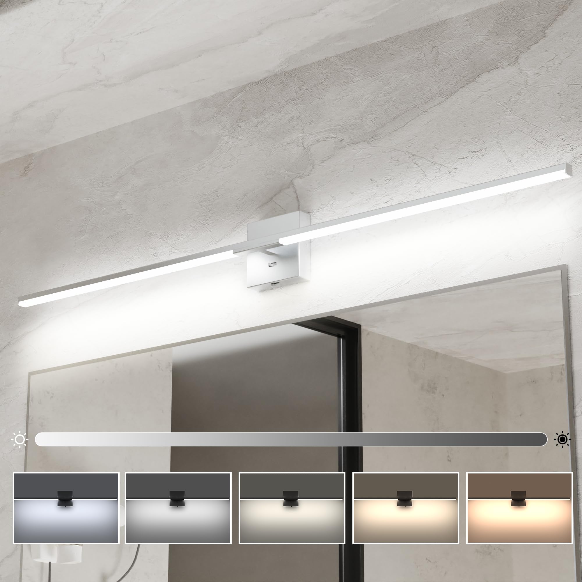 Ensenior Modern Bathroom Vanity Light 48 Inch, Built-In Dimmer, 28W Dimmable 5Cct Led Light Fixture Over Mirror, Silver Bar For