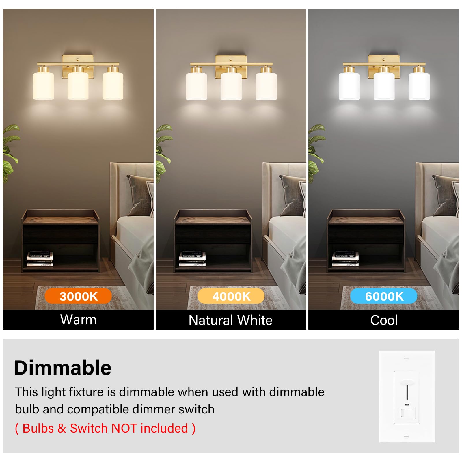 Fonmyim Gold Bathroom Light Fixtures, 3-Light Modern Vanity Light Over Mirror, Wall Sconces With Milky White Frosted Glass Shade