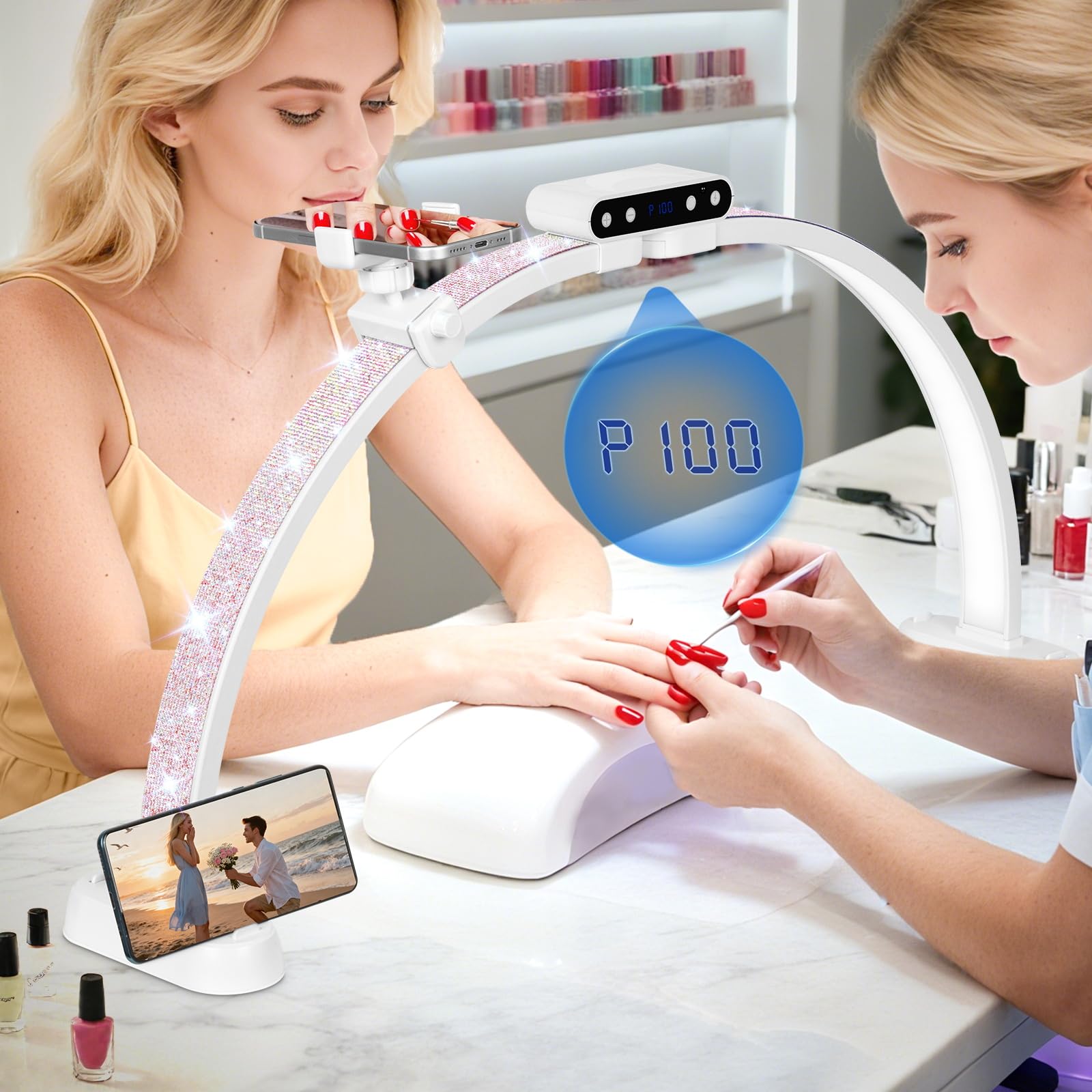 KIRKAS 29in Half Moon Light for Nail Desk with Phone Holder, Nail Desk Lamp Adjustable Color Brightness, Arch Nail Tech Light wi